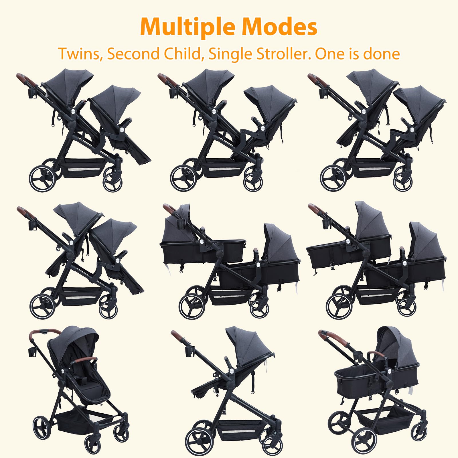 Dark grey tandem double stroller for newborn and toddler with reversible seats, adjustable canopy, 5-point harness, and large storage.