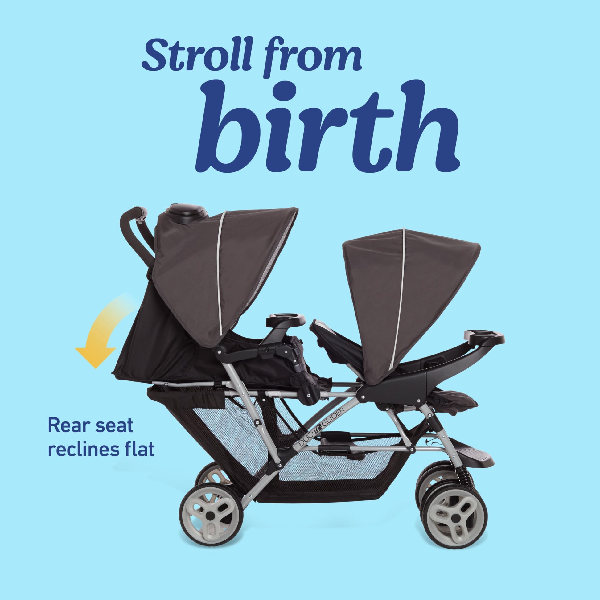 Lightweight Graco DuoGlider double stroller with tandem seating in Glacier, showing the stroller with two seats and adjustable canopies