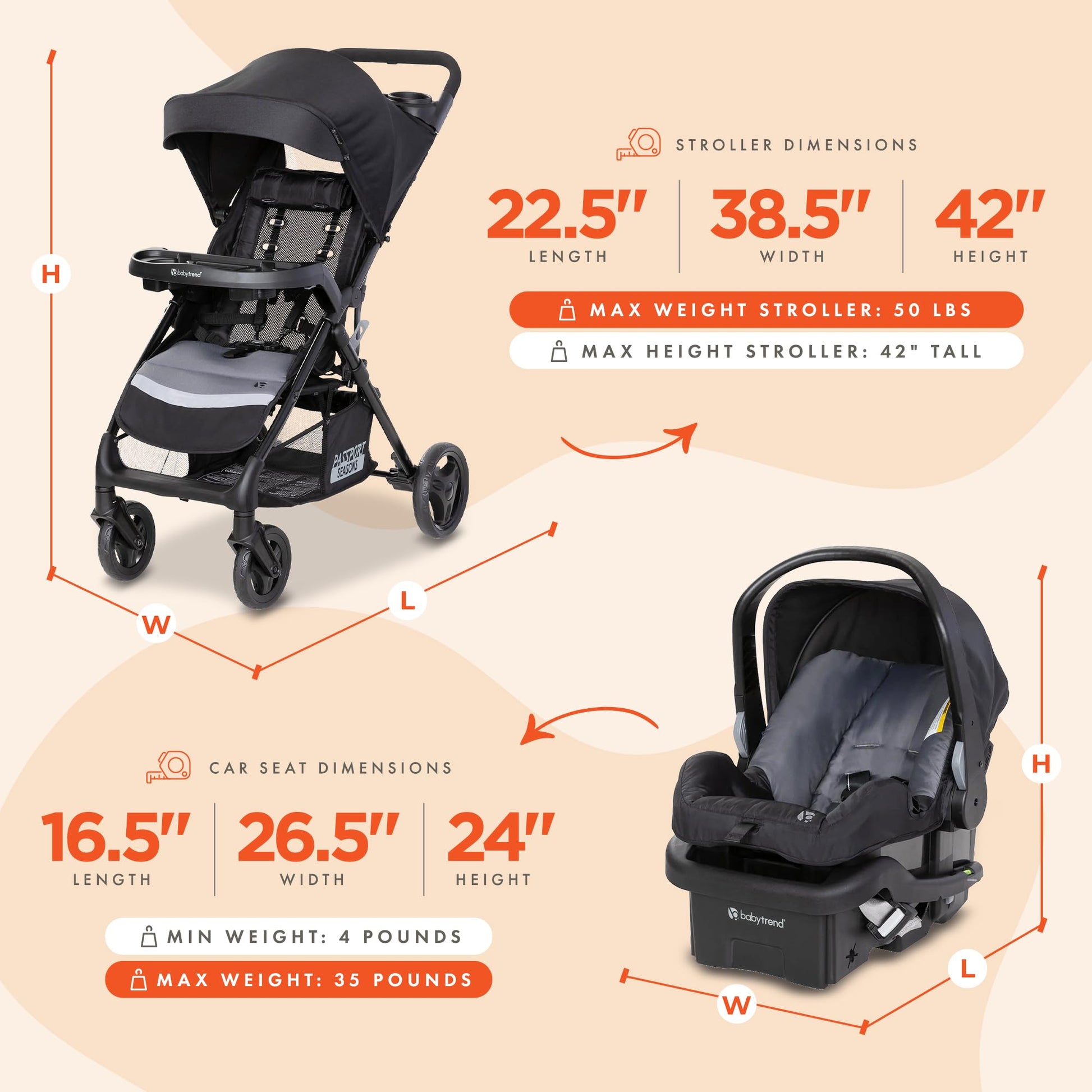Baby Trend Passport cargo stroller with pink bamboo pattern and EZ-Lift Plus infant car seat, designed for convenient travel and comfort.