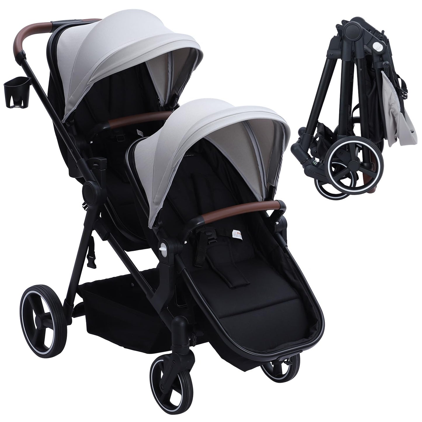 Dark grey tandem double stroller for newborn and toddler, with reversible seats, adjustable canopy, 5-point harness, and large storage basket.