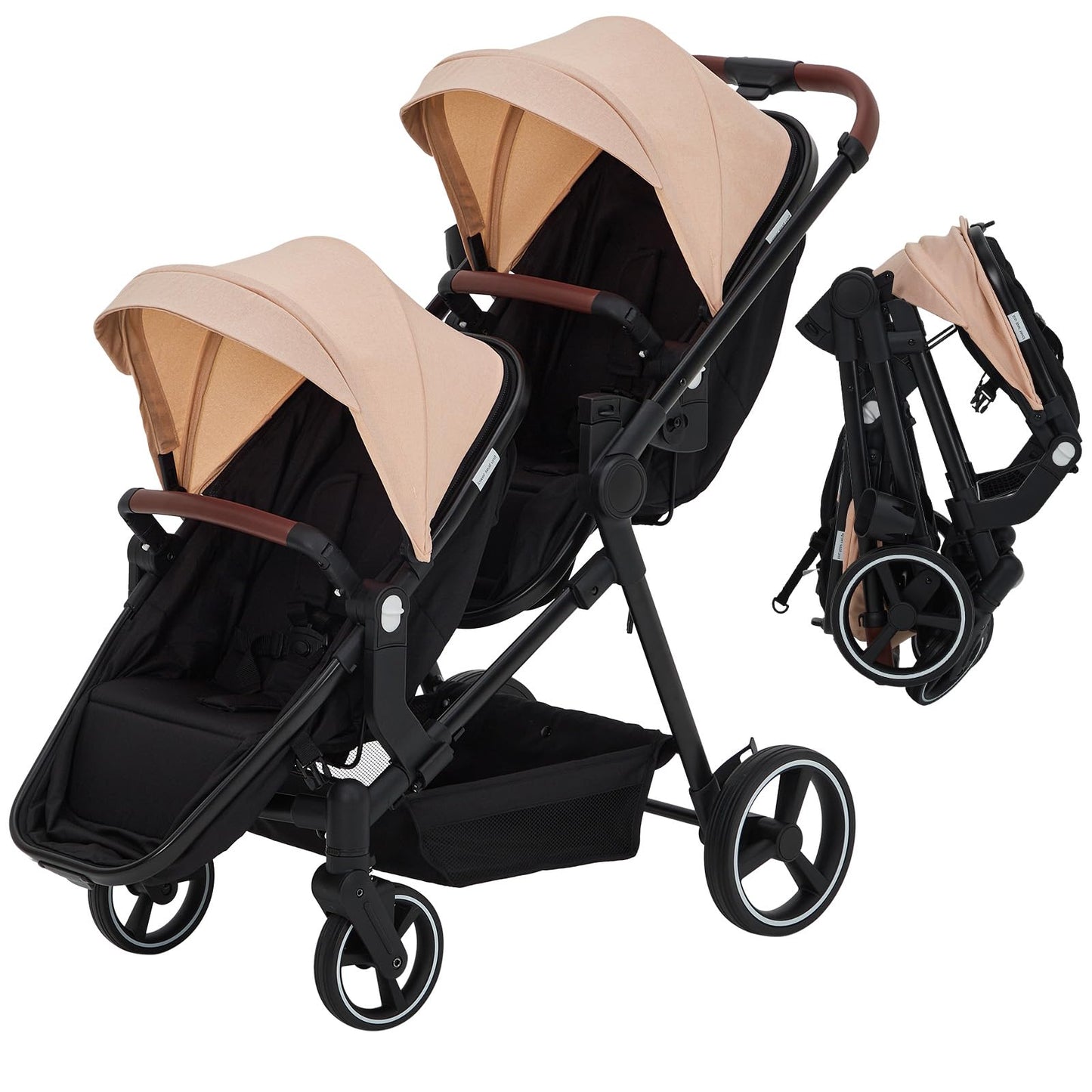 Dark grey tandem double stroller for newborn and toddler twins with reversible seats, adjustable canopy, 5-point harness, and large storage.