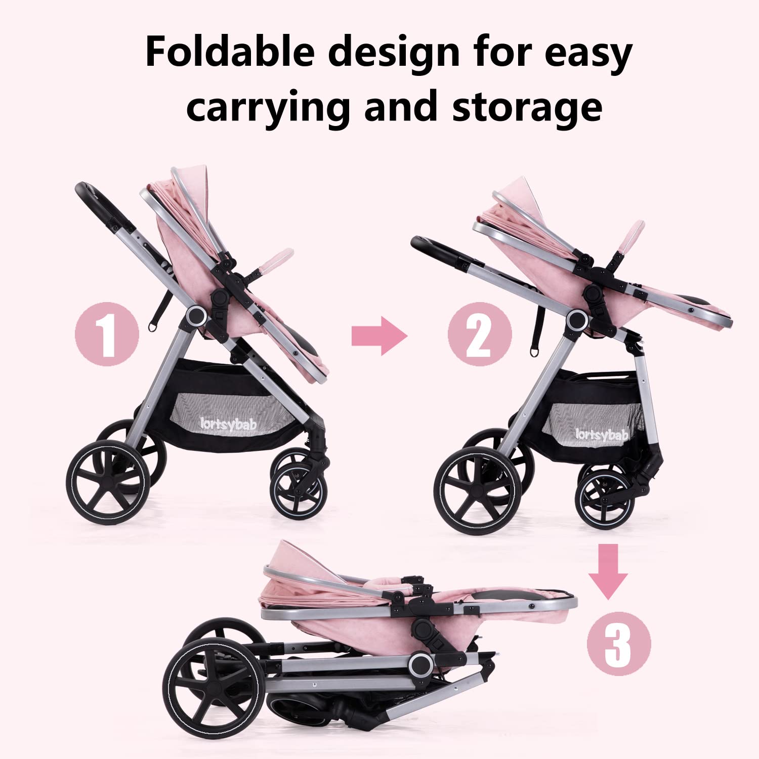 Lortsybab 2-in-1 baby stroller with beige reversible seat, foldable infant pram for newborns and toddlers 0-36 months.