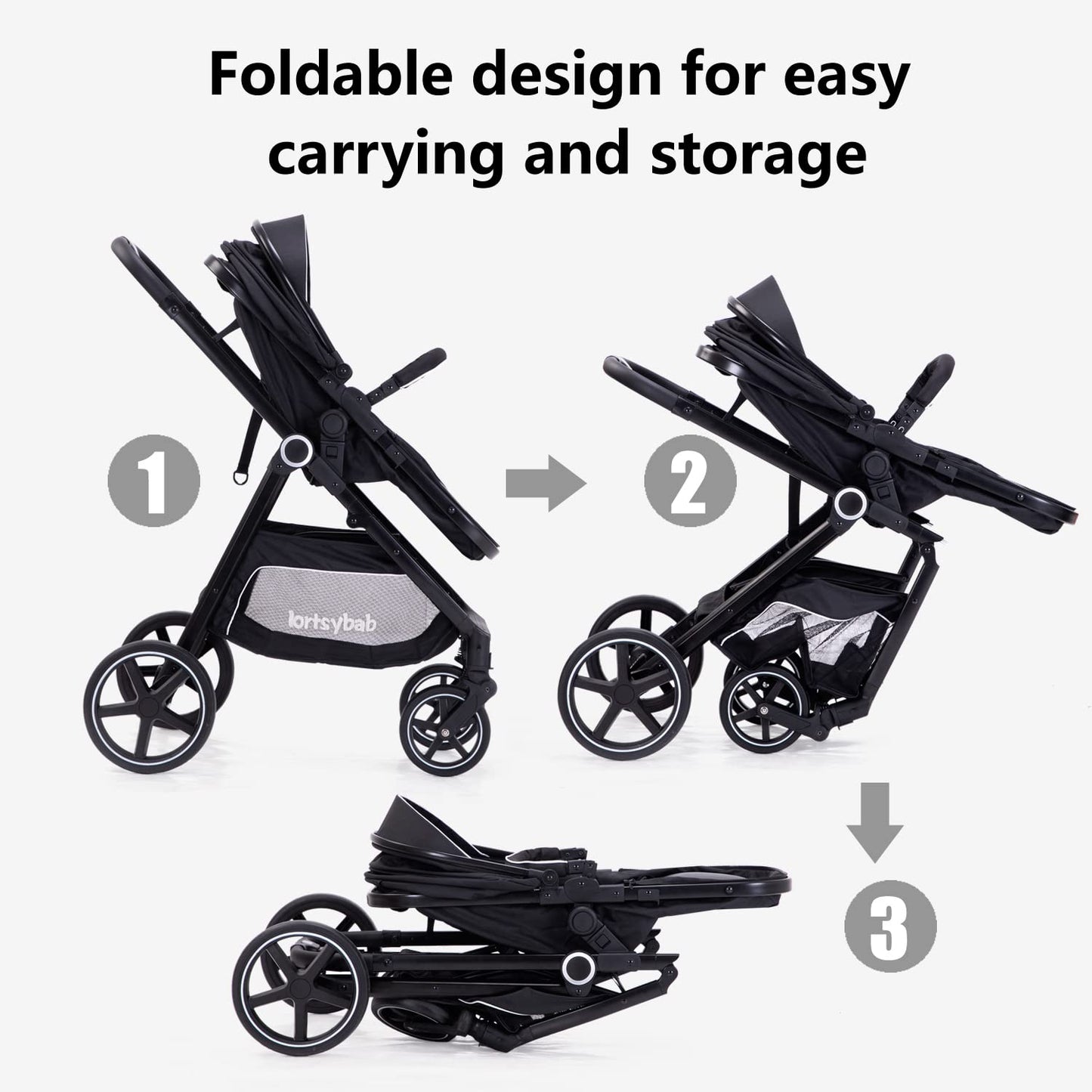 Lortsybab 2-in-1 baby stroller with beige frame, reversible seat, suitable for newborns and toddlers up to 36 months.