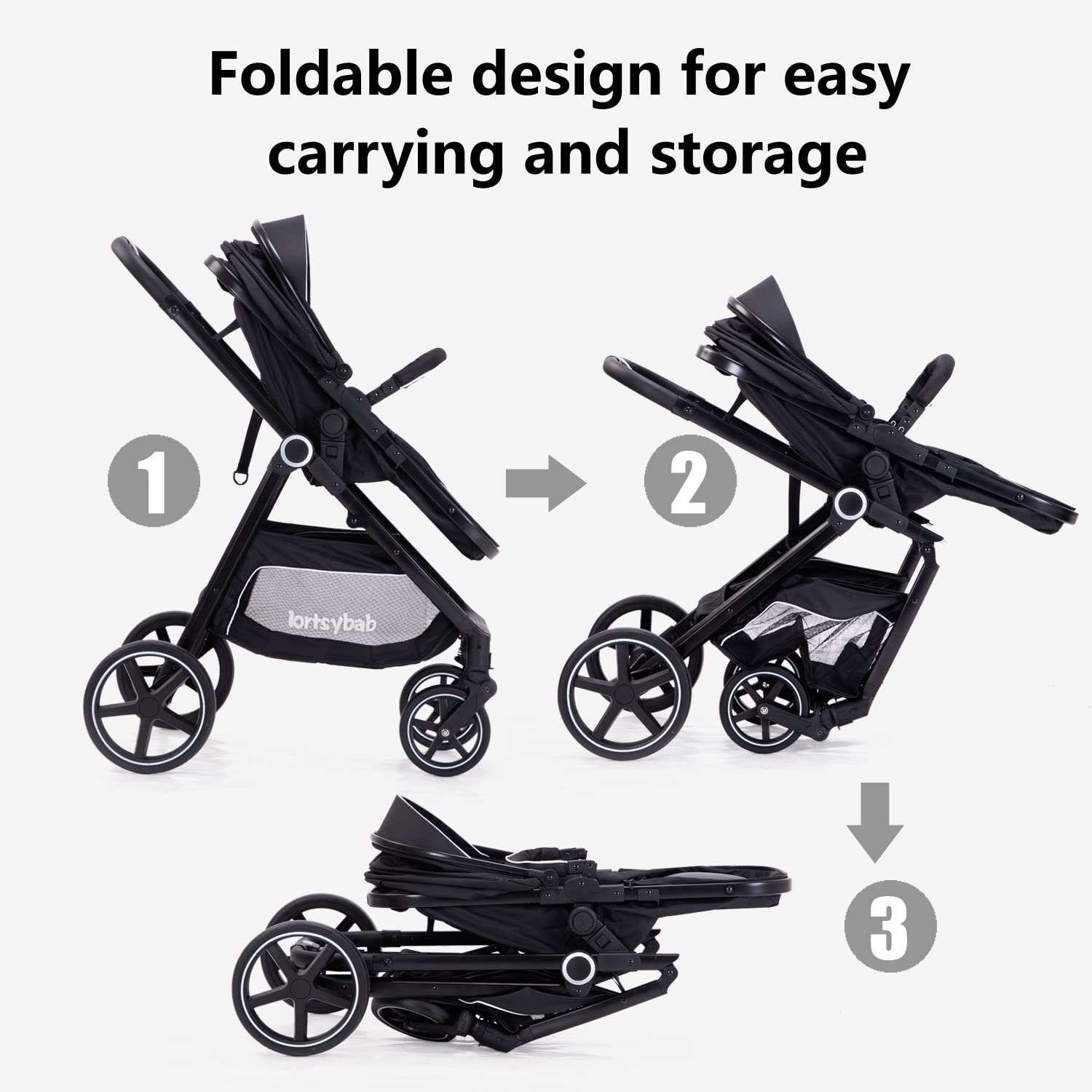 Lortsybab 2-in-1 baby stroller with beige frame, reversible seat, suitable for newborns and toddlers up to 36 months.