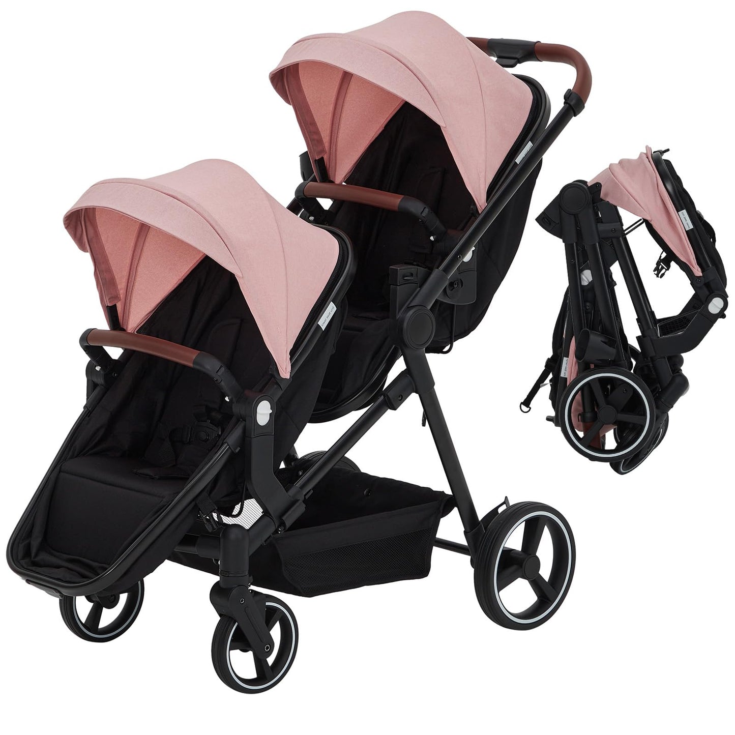 Dark grey tandem double stroller for newborn and toddler, foldable with reversible seats, adjustable canopy, and large storage basket.