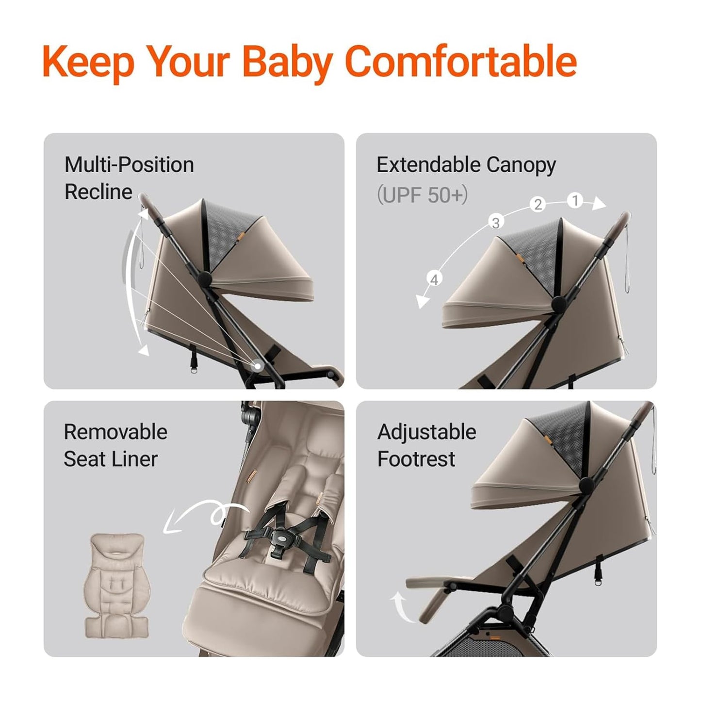 Lightweight MAMAZING Ultra Air baby travel stroller with carbon fiber frame, one-handed fold, ideal for toddlers and air travel.