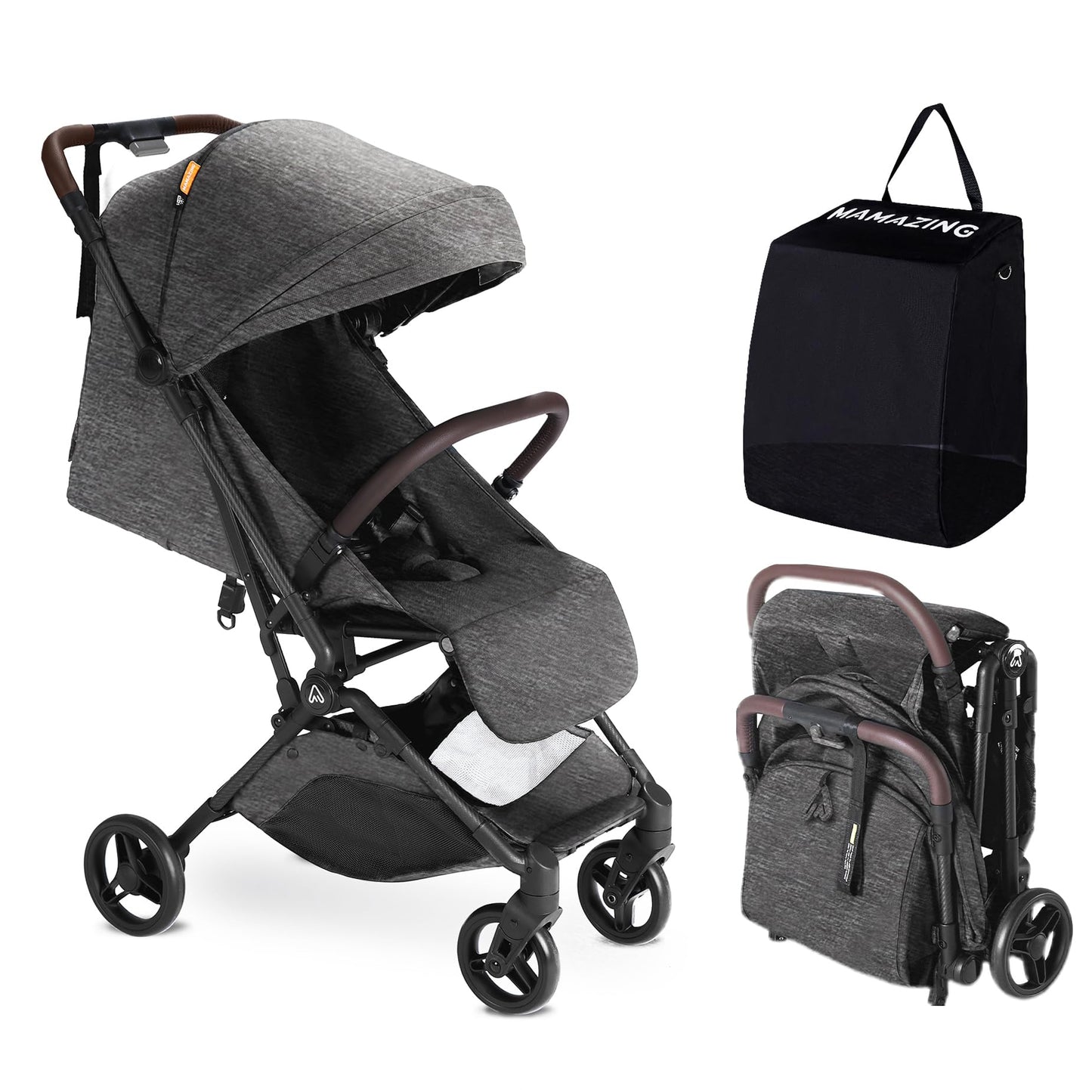 Lightweight MAMAZING Ultra Air baby travel stroller with carbon fiber frame, one-handed fold, suitable for toddlers, airplane-compatible.
