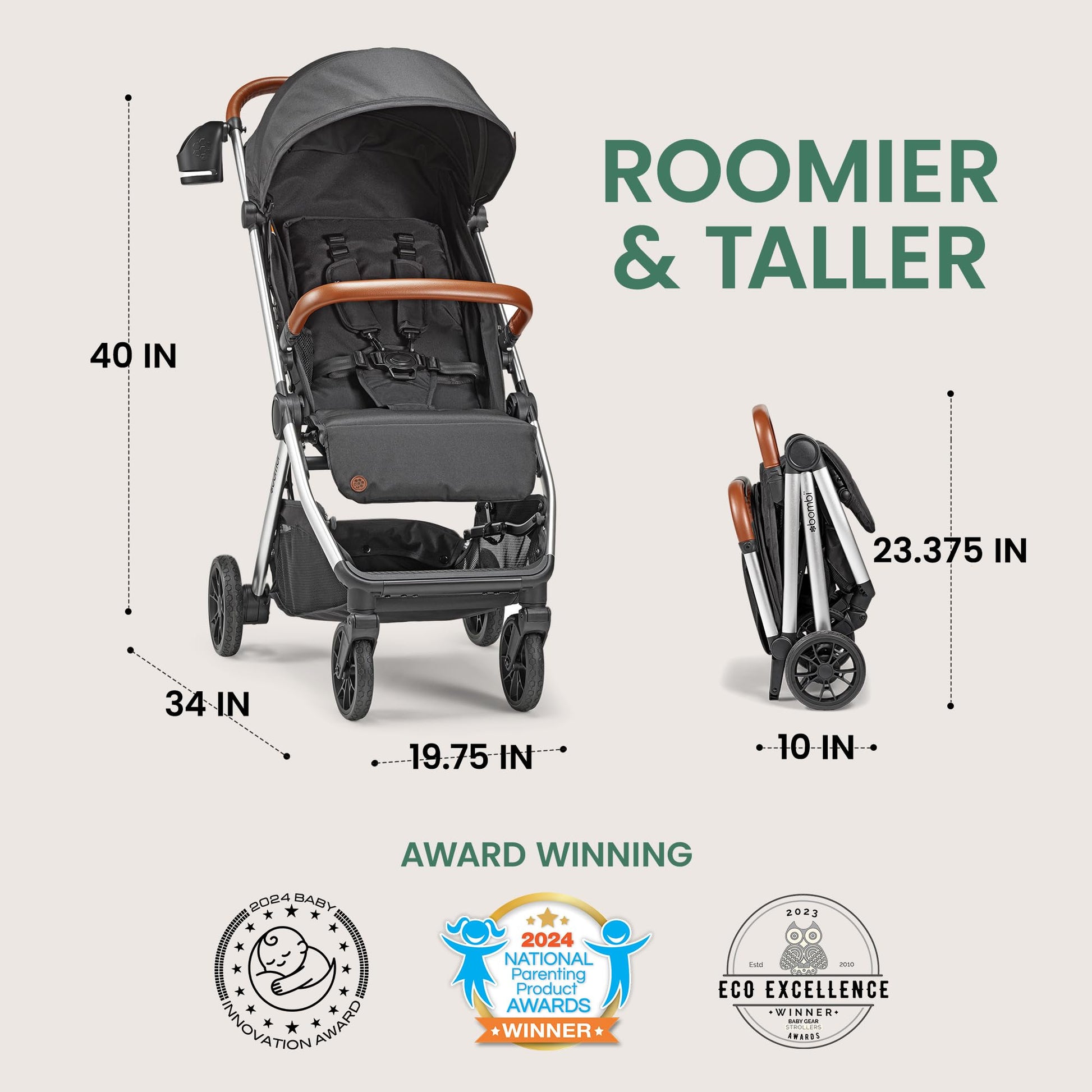 Bombi Bēbee V2 lightweight baby stroller with vegan leather, one-hand fold, infinite recline, aluminum frame, XXL canopy, and ample storage