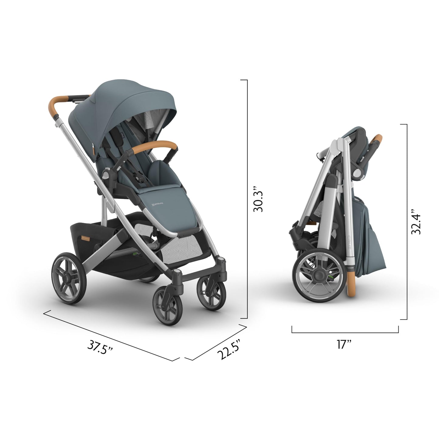 UPPAbaby Cruz V3 stroller in Greyson with reversible seat, infant insert, bug and rain shields, charcoal mélange and saddle leather accents.