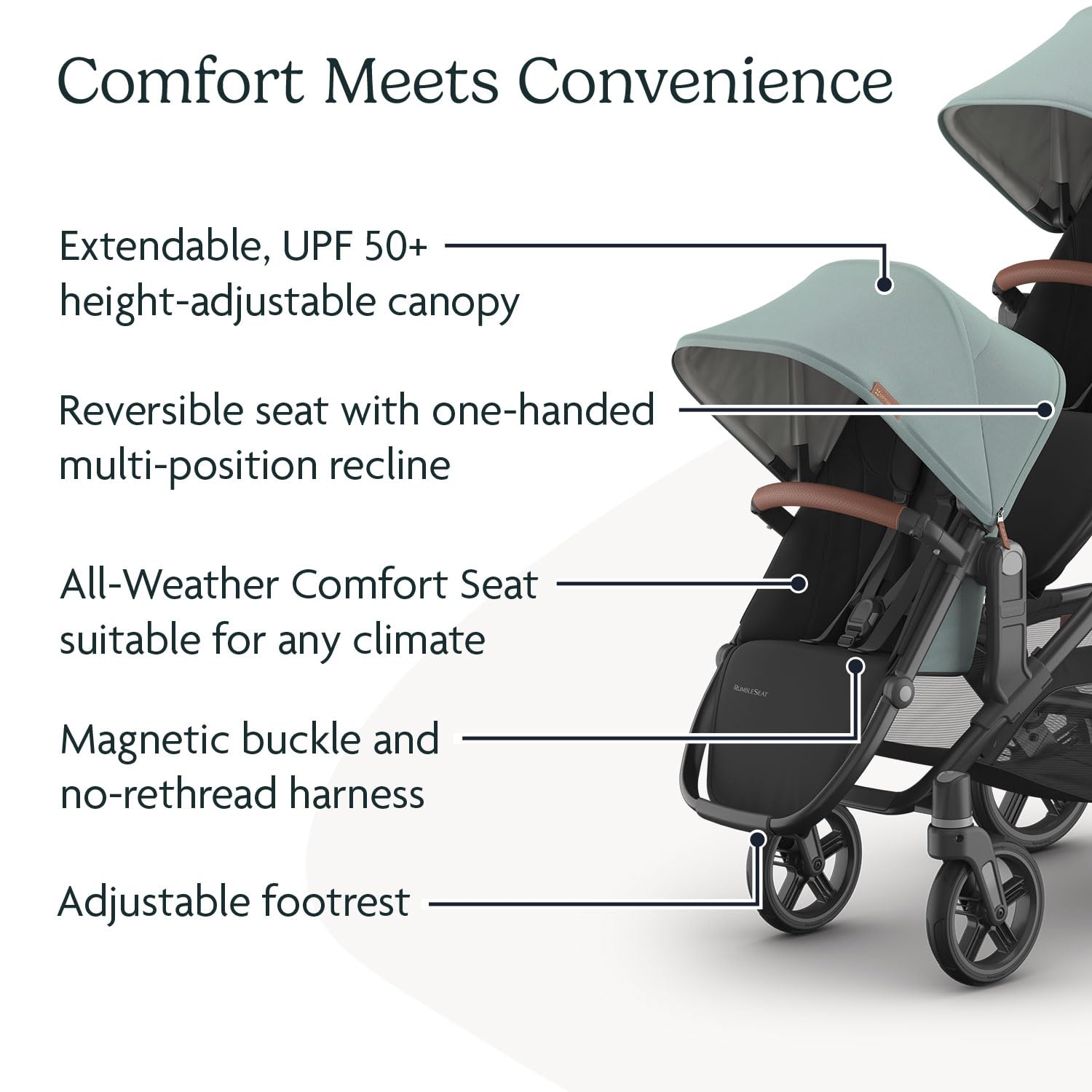 UPPAbaby RumbleSeat V3 second lower all-weather seat with magnetic buckle for Vista V2/V3 in Declan Oat Mélange with silver frame.