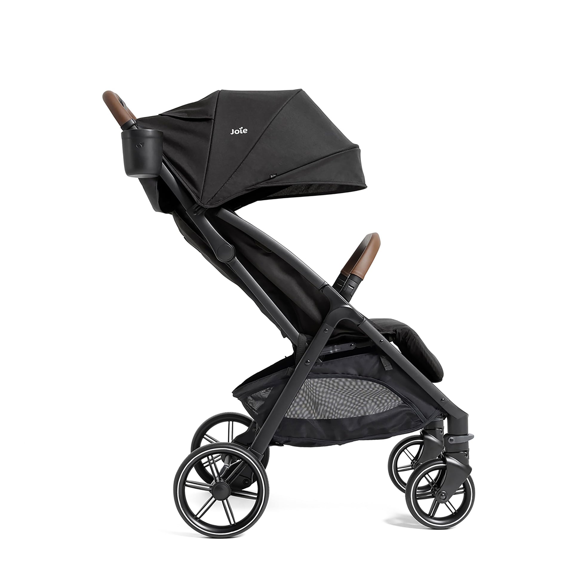 Joie Nutmeg compact stroller in shale color, lightweight design with one-hand fold, suitable for easy travel and daily use