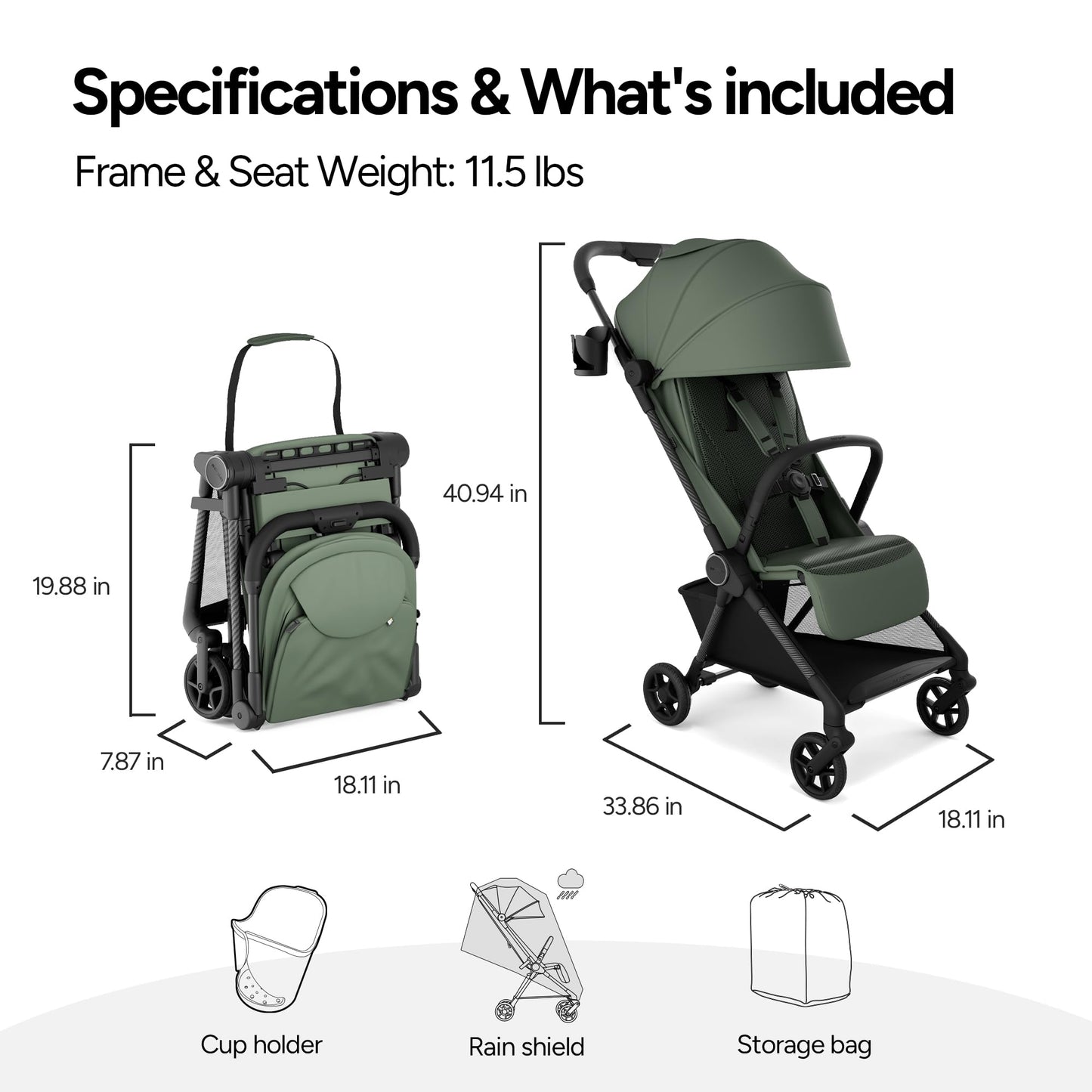 Mompush Nexis Carbon travel stroller, ultra-lightweight 11.5 lbs, compact, auto-fold, full recline, suitable from birth to 50 lbs.