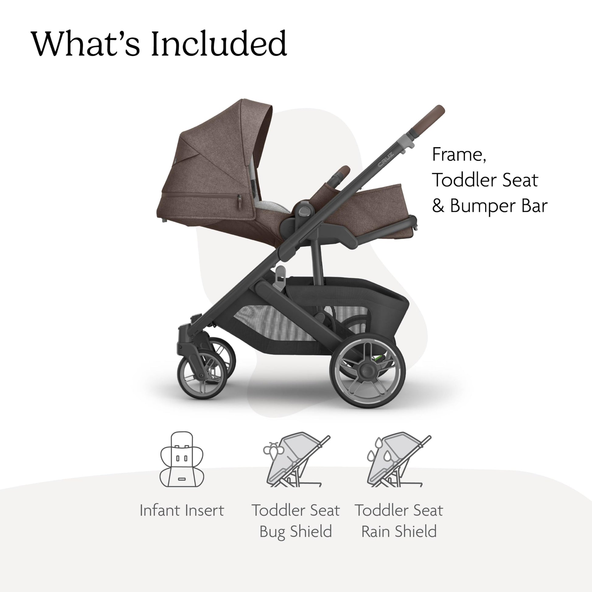 UPPAbaby Cruz V3 stroller in Greyson with reversible seat, infant insert, car seat compatible, and bug and rain shields.