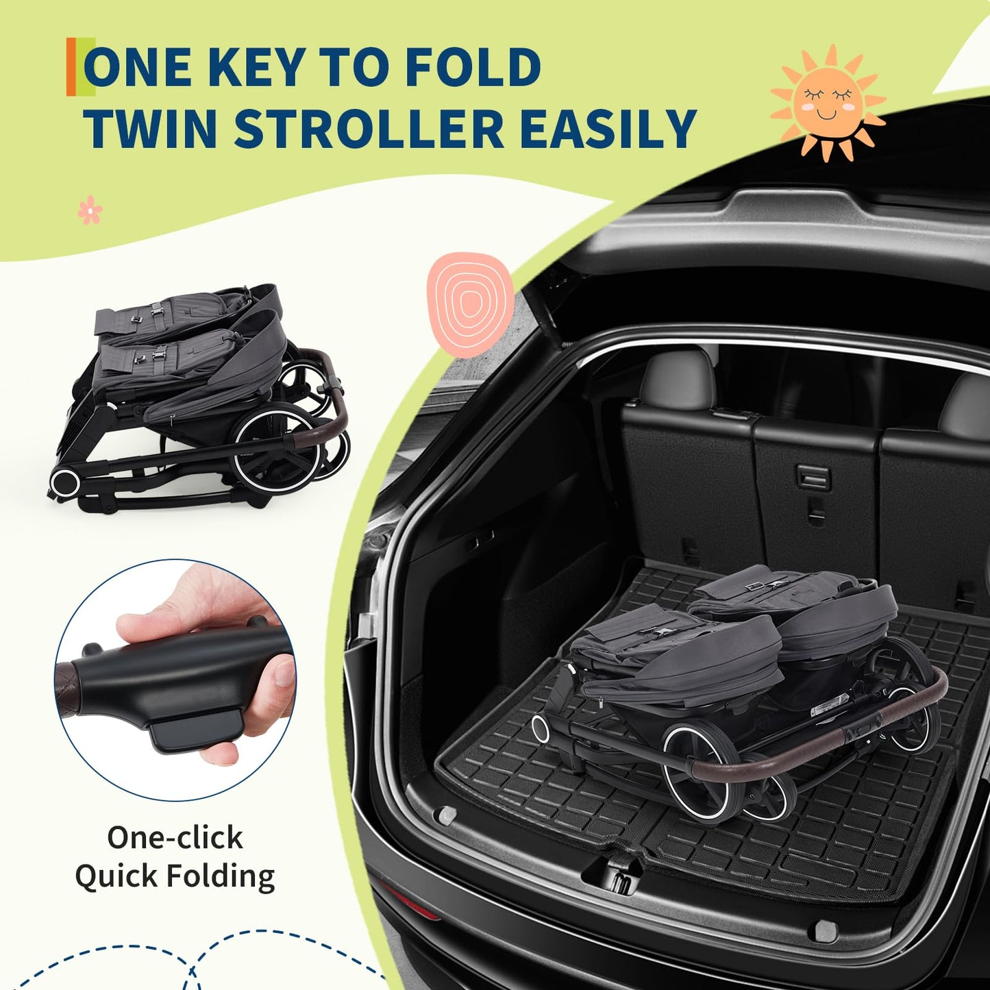 Lightweight double stroller for twins by My Store with reclining seats, adjustable canopies, 5-point harness, and high landscape design.