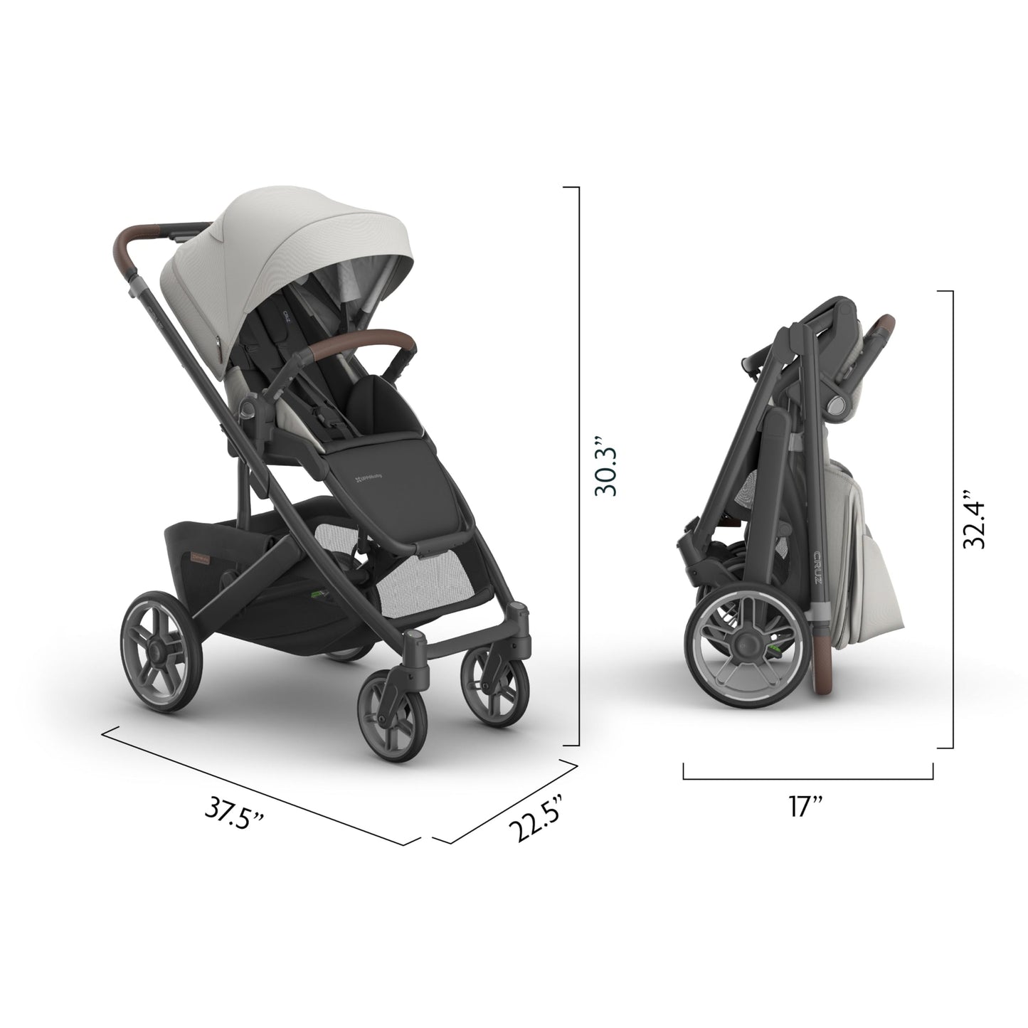 UPPAbaby Cruz V3 stroller in Greyson with reversible seat, infant insert, bug and rain shields, charcoal mélange frame, saddle leather accents.