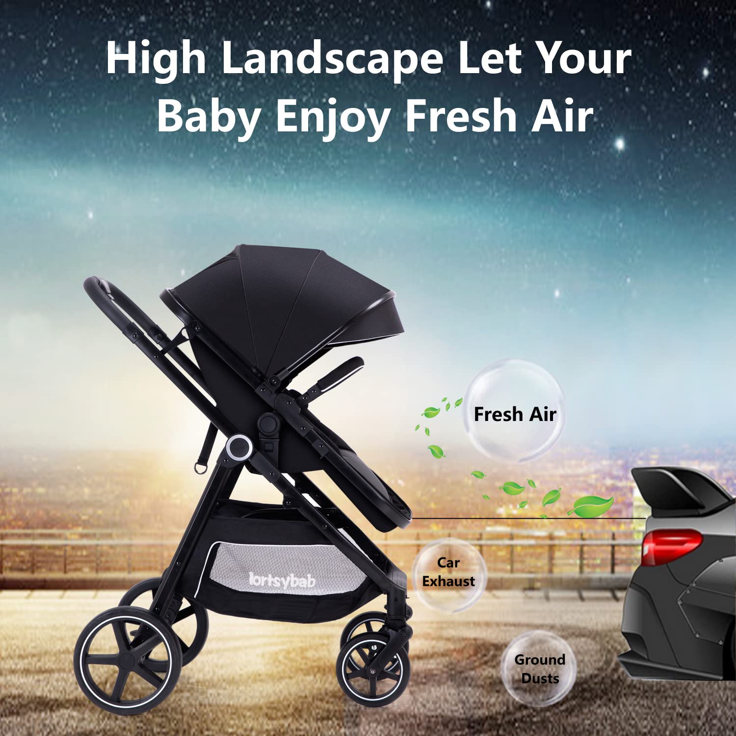 Lortsybab 2-in-1 baby stroller with reversible seat, beige folding infant pram for newborns and toddlers 0-36 months.