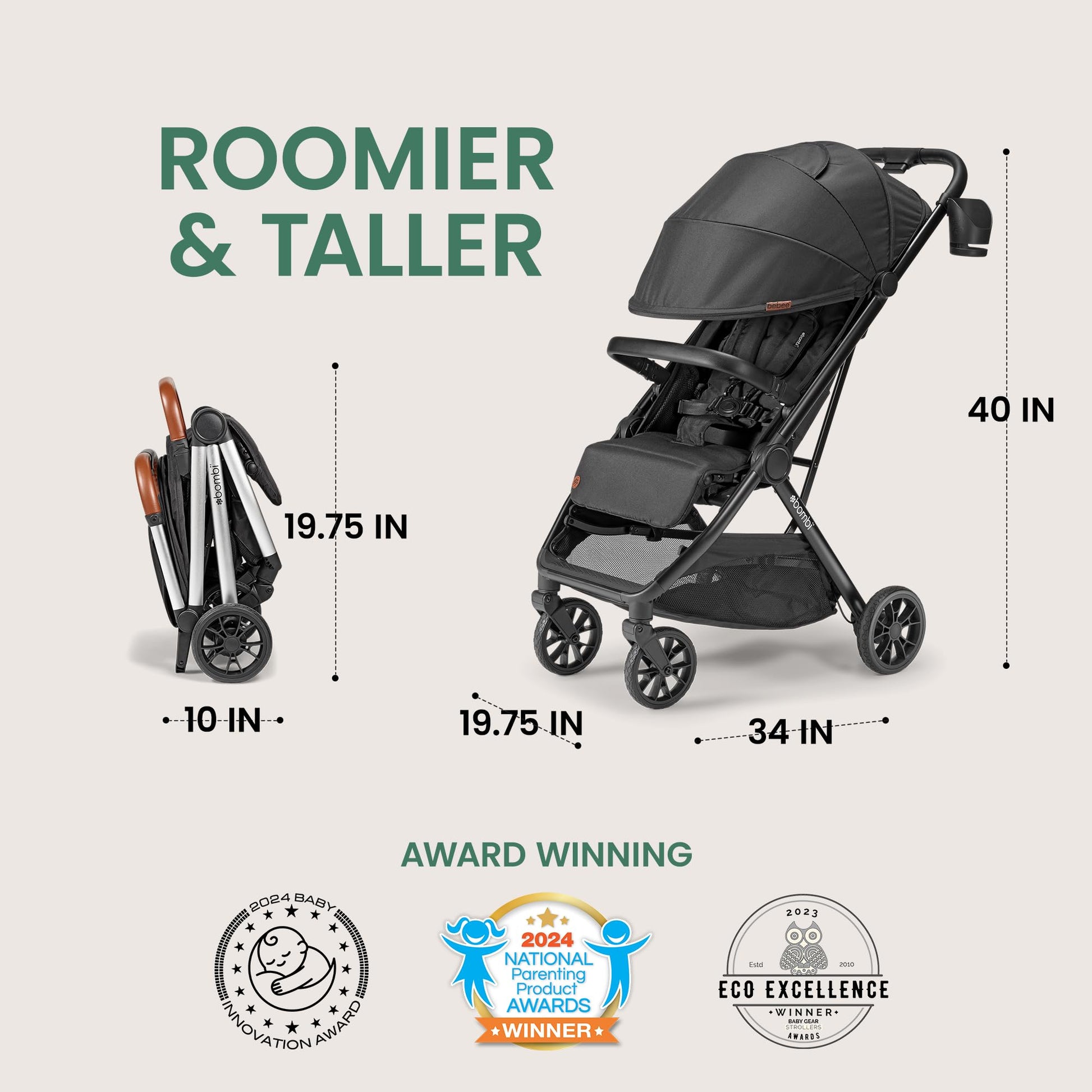 Bombi Bēbee V2 lightweight baby stroller with vegan leather, one-hand fold, infinite recline, aluminum frame, XXL canopy, and storage