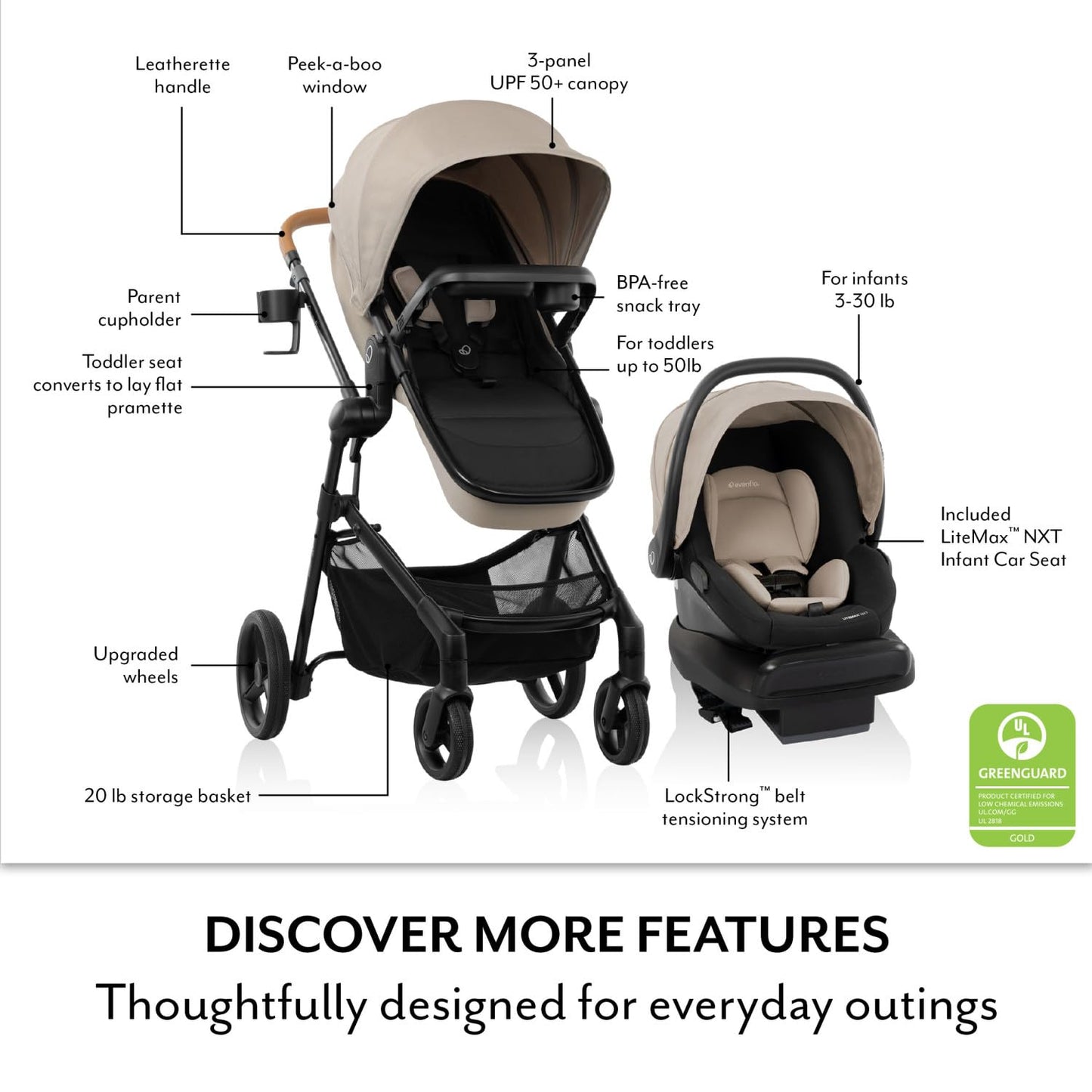 Evenflo Pivot NXT travel system with LiteMax NXT infant car seat in latte tan, stroller and car seat combo for babies