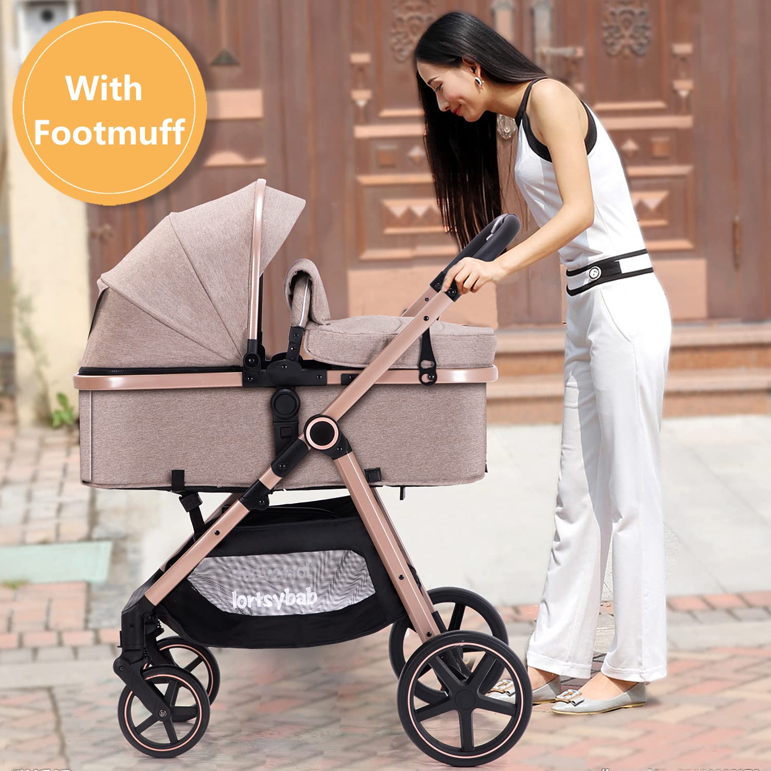 Lortsybab 2-in-1 baby stroller with beige frame, reversible seat, suitable for infants and toddlers 0-36 months old.