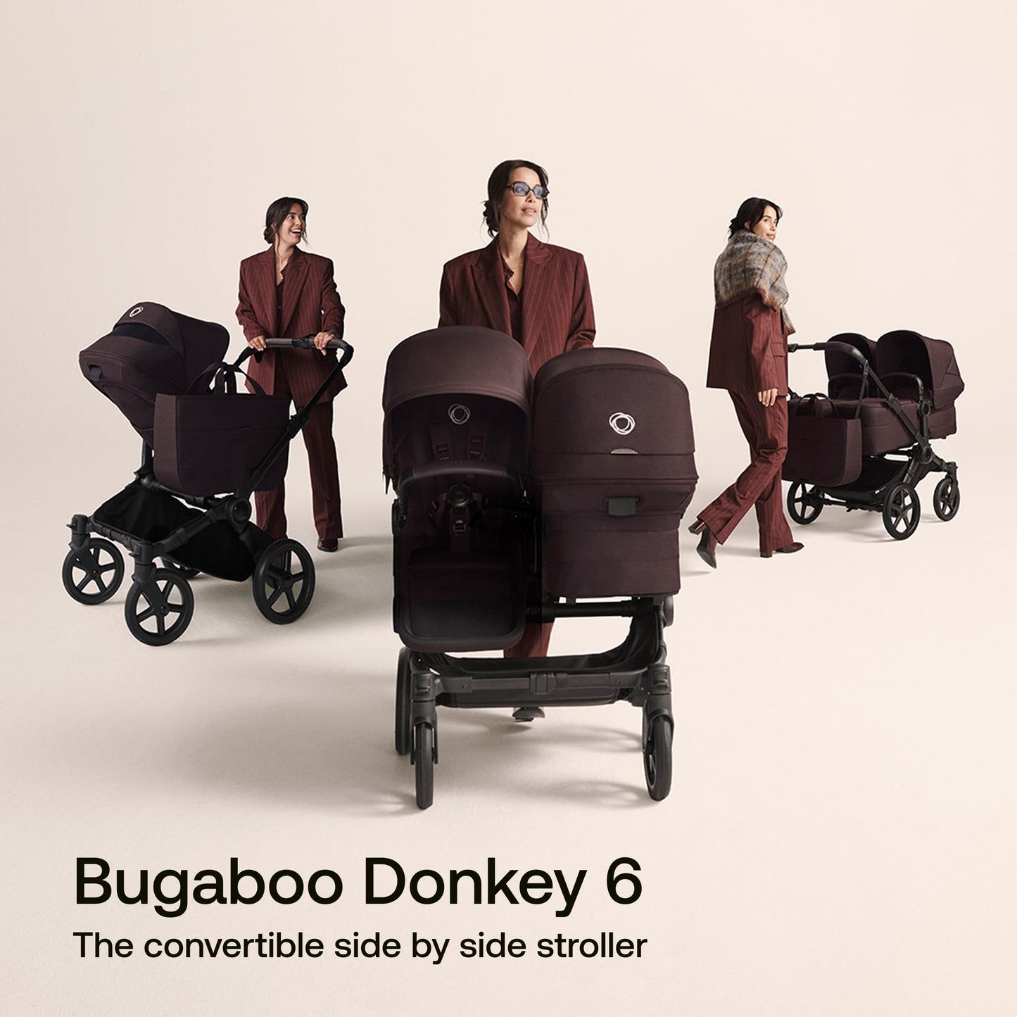 Bugaboo Donkey 6 Cocoa Brown single-to-double all-terrain stroller with adjustable seats for newborn and toddler.