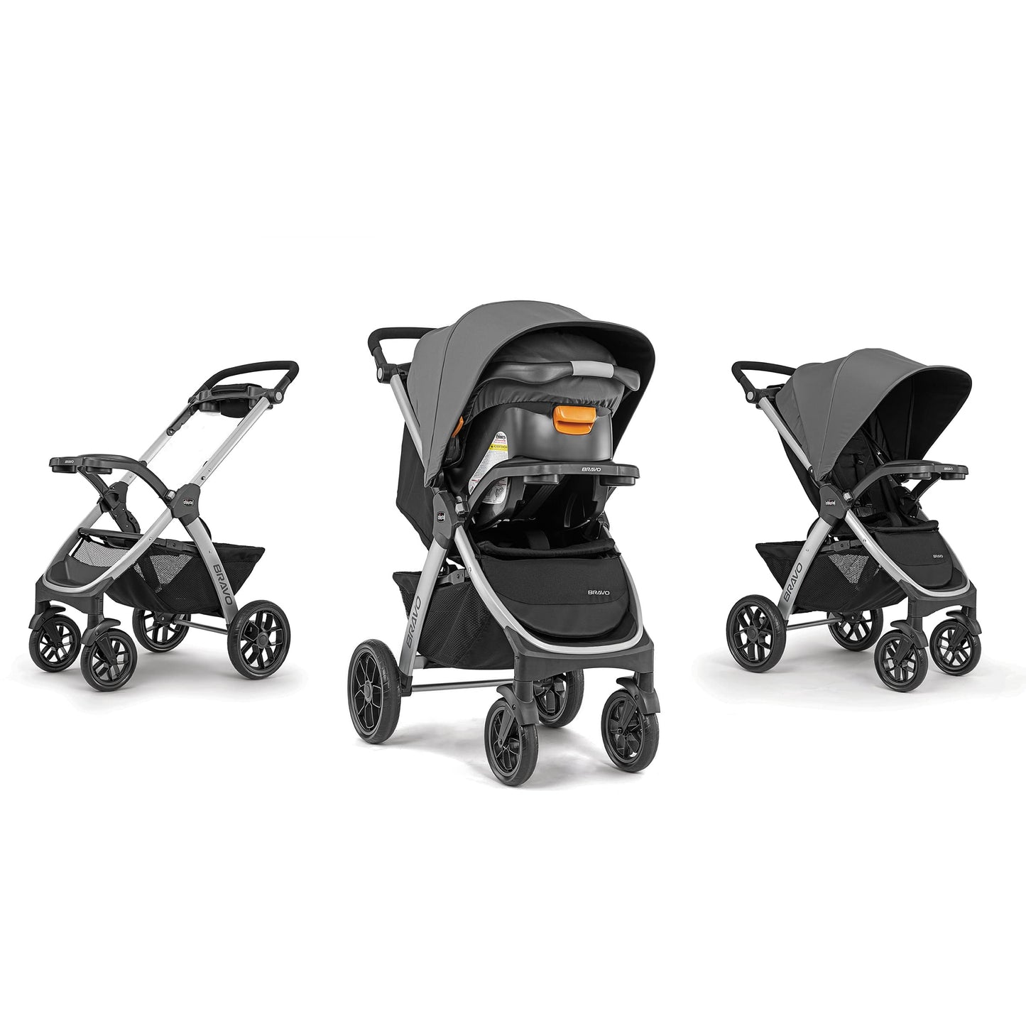 Chicco Bravo 3-in-1 travel system with quick-fold stroller, KeyFit 30 infant car seat, and base in Camden/Black color.