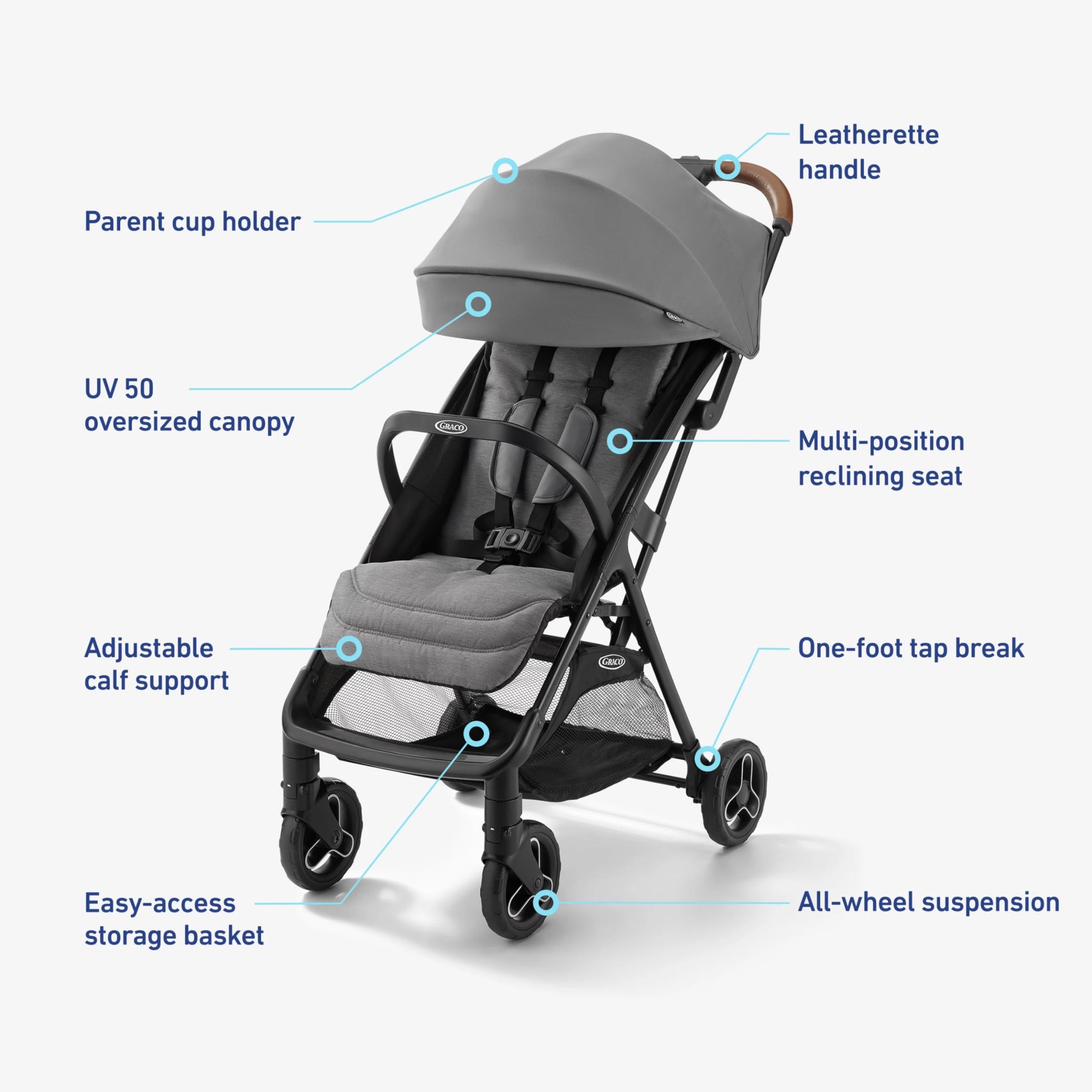 Graco Ready2Jet compact travel stroller with automatic fold, overhead-friendly design, in Kingston color, suitable for everyday use
