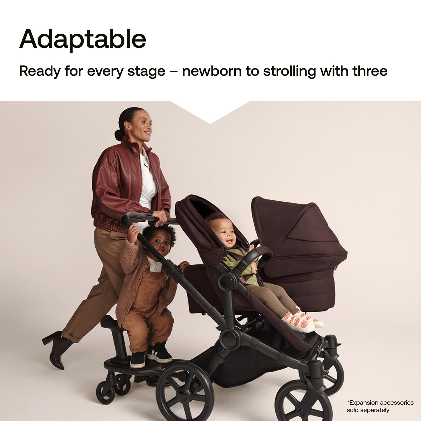 Bugaboo Donkey 6 single-to-double all-terrain stroller in Cocoa Brown with newborn and toddler seating options