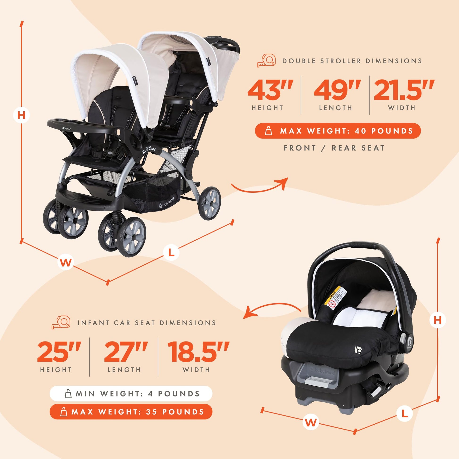 Baby Trend infant and toddler double stroller with car seat, lightweight and portable, Stormy color, tandem travel system for families.