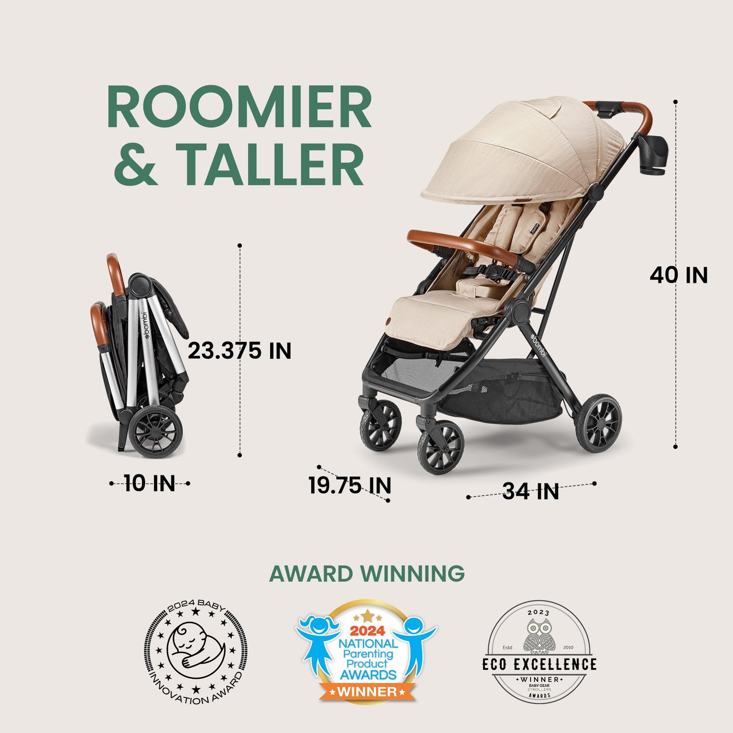 Bombi Bēbee V2 lightweight baby stroller with vegan leather, one-hand fold, infinite recline, aluminum frame, XXL canopy, and storage