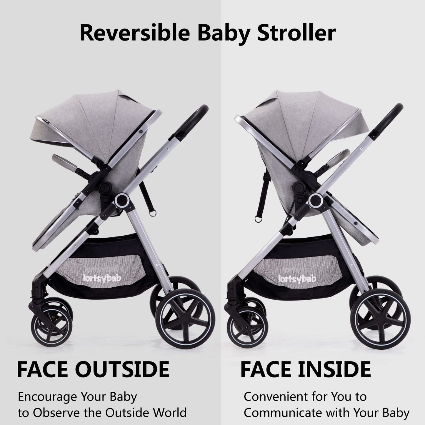 Lortsybab 2-in-1 beige baby stroller with reversible seat, foldable infant pram for newborns and toddlers up to 36 months.