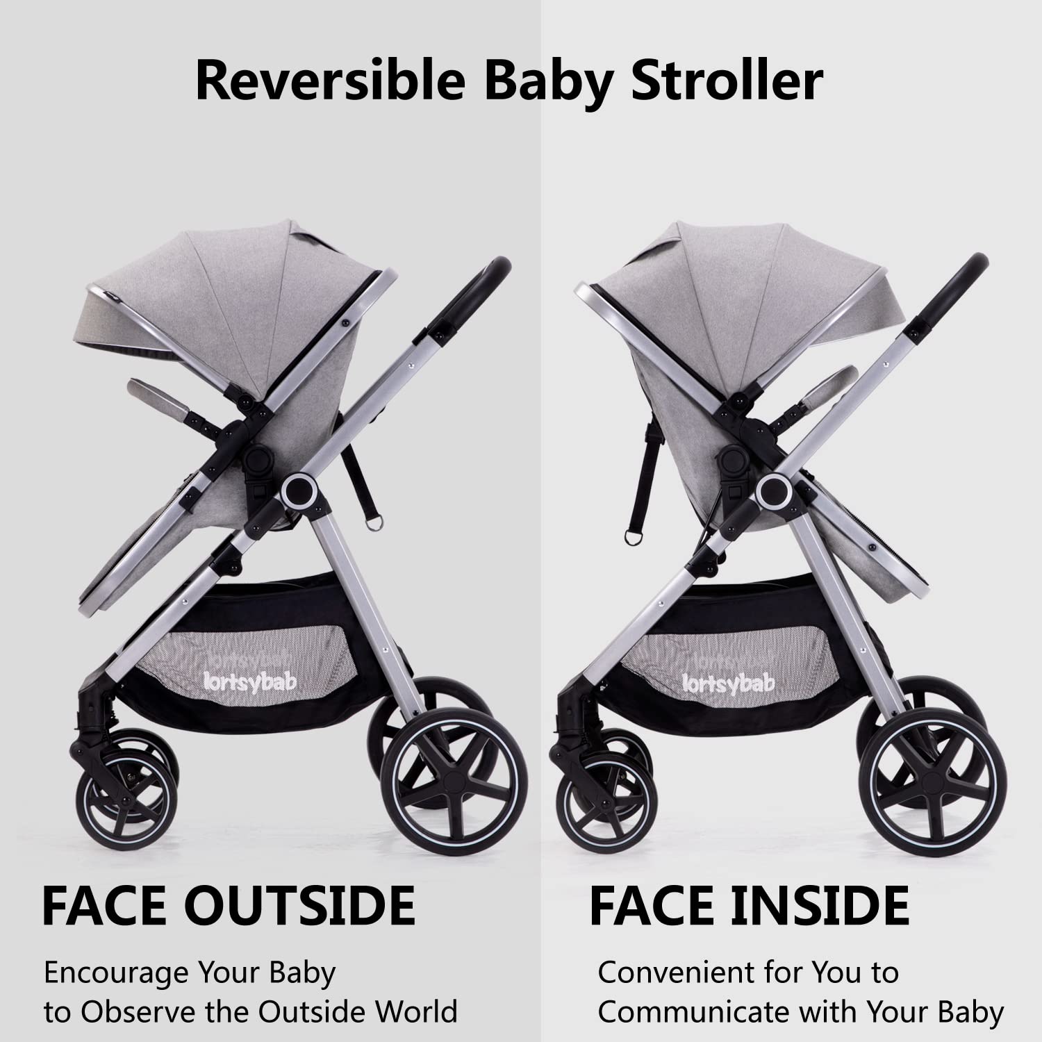 Lortsybab 2-in-1 beige baby stroller with reversible seat, foldable infant pram for newborns and toddlers up to 36 months.