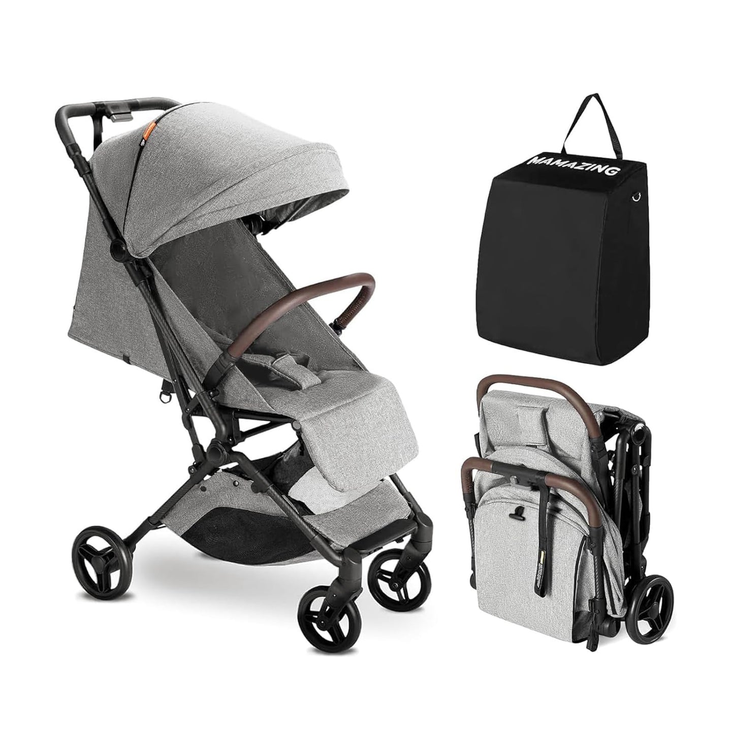 Lightweight MAMAZING Ultra Air baby travel stroller with carbon fiber frame, one-handed fold, suitable for toddlers and airplane travel