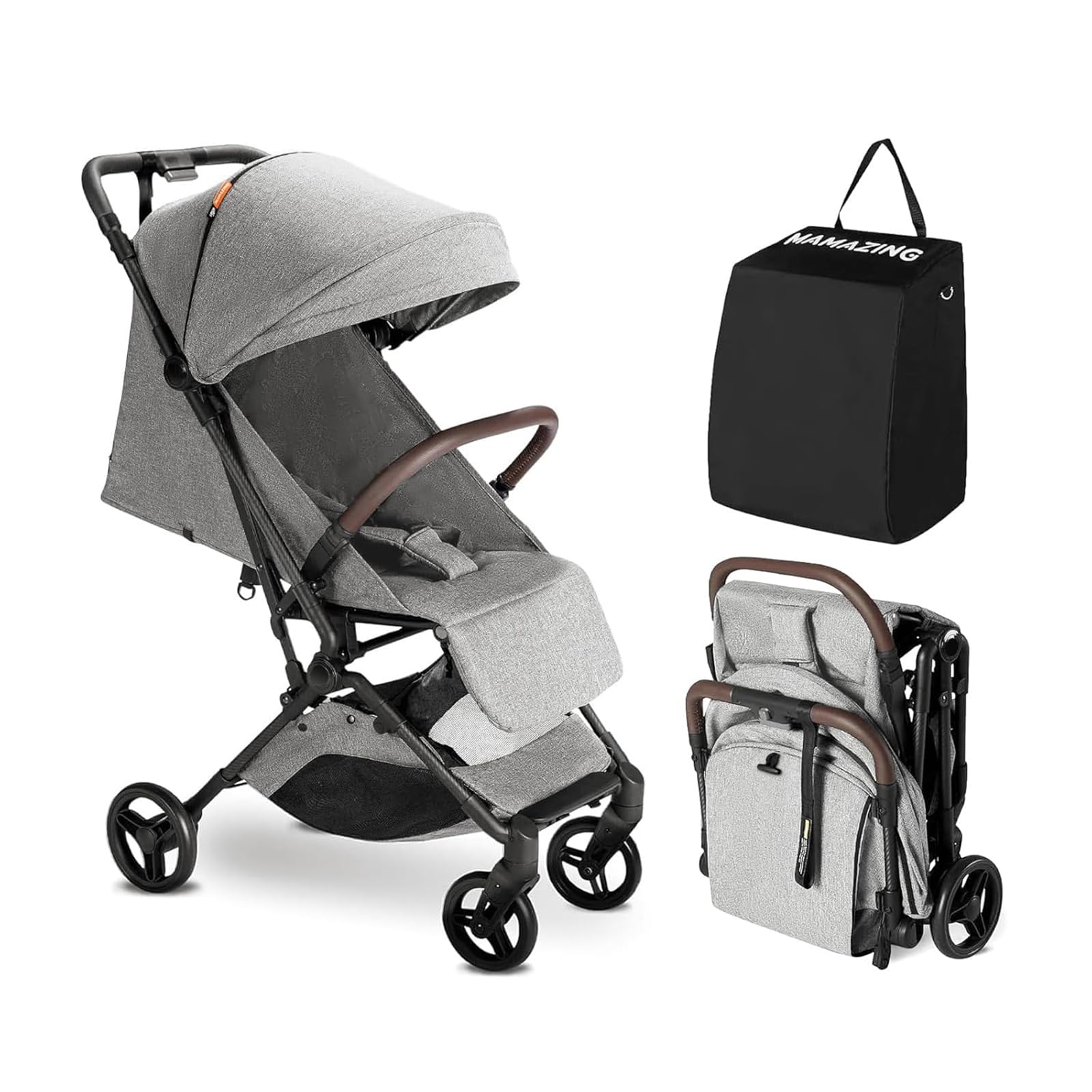 Lightweight MAMAZING Ultra Air baby travel stroller with carbon fiber frame, one-handed fold, suitable for toddlers and airplane travel