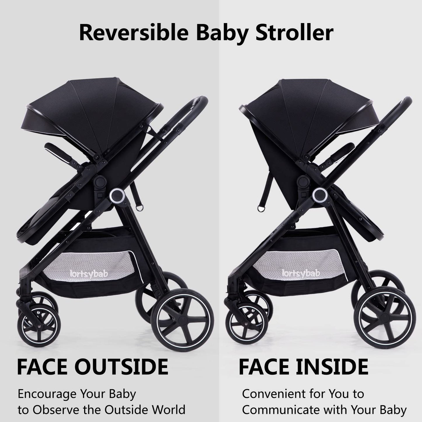 Lortsybab 2-in-1 baby stroller with reversible seat, beige folding infant pram for newborns and toddlers aged 0-36 months.