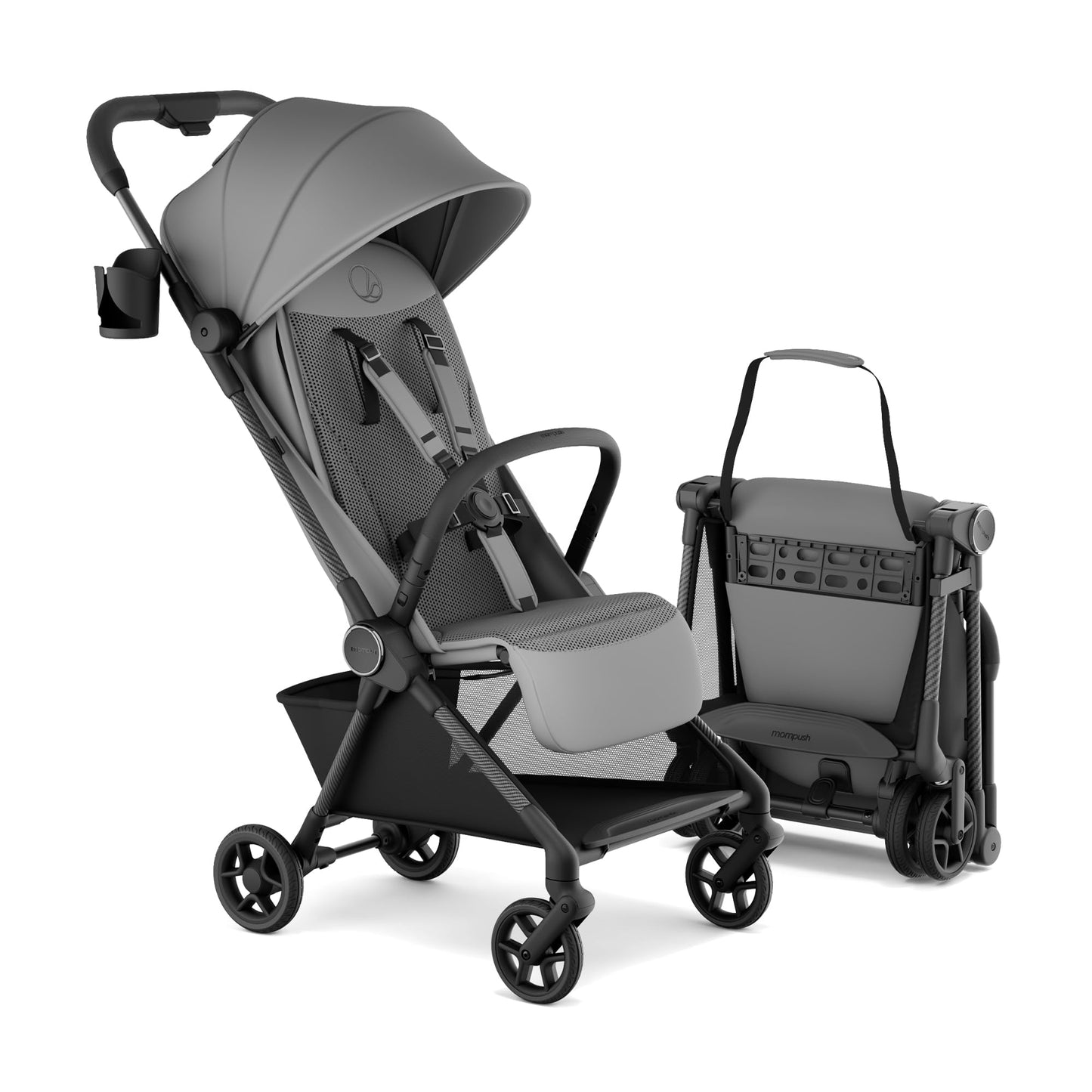 Mompush Nexis Carbon travel stroller, lightweight 11.5 lbs, compact, auto-fold, one-hand recline, suitable from birth to 50 lbs.