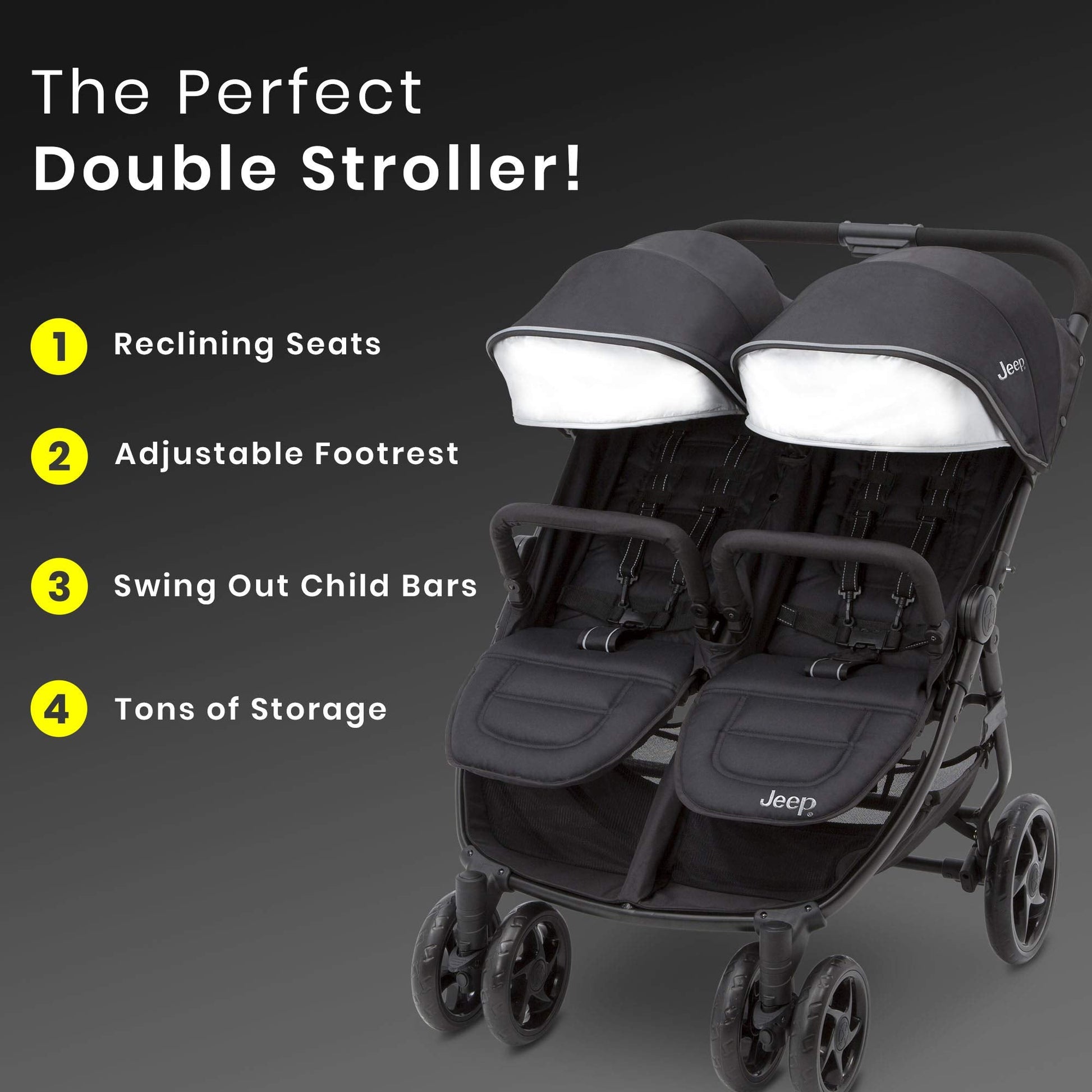 Jeep Destination Ultralight Side-by-Side Double Stroller in Midnight color, lightweight design with two seats and adjustable canopy.