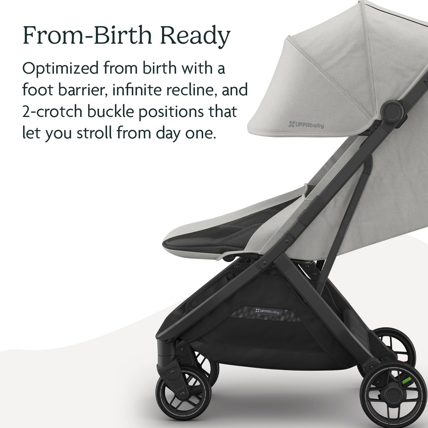 UPPAbaby Minu V3 travel stroller in Greyson, featuring lightweight design, one-hand fold, charcoal frame, and saddle leather accents.