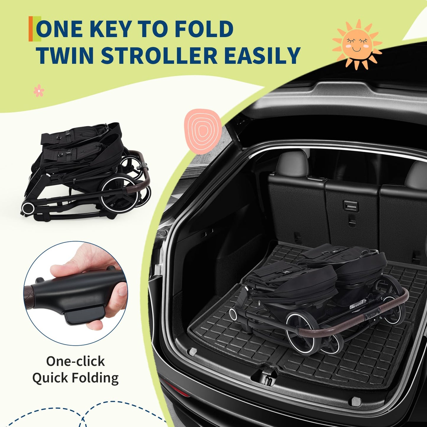 Lightweight twin stroller by My Store with reclining seats, adjustable canopy, 5-point harness, and high landscape double seats.