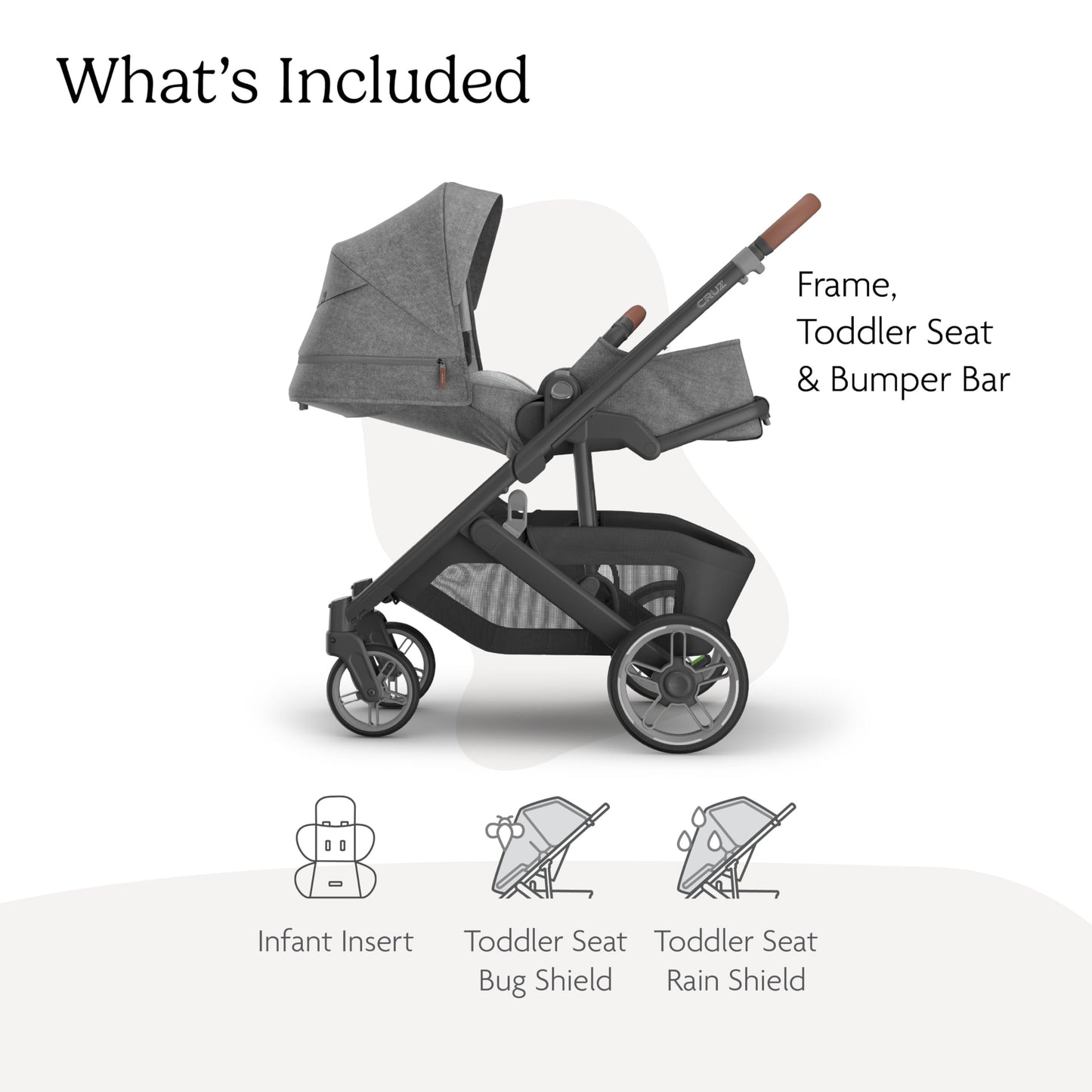 UPPAbaby Cruz V3 stroller in Greyson with reversible seat, infant insert, and shields, featuring charcoal mélange and saddle leather accents.