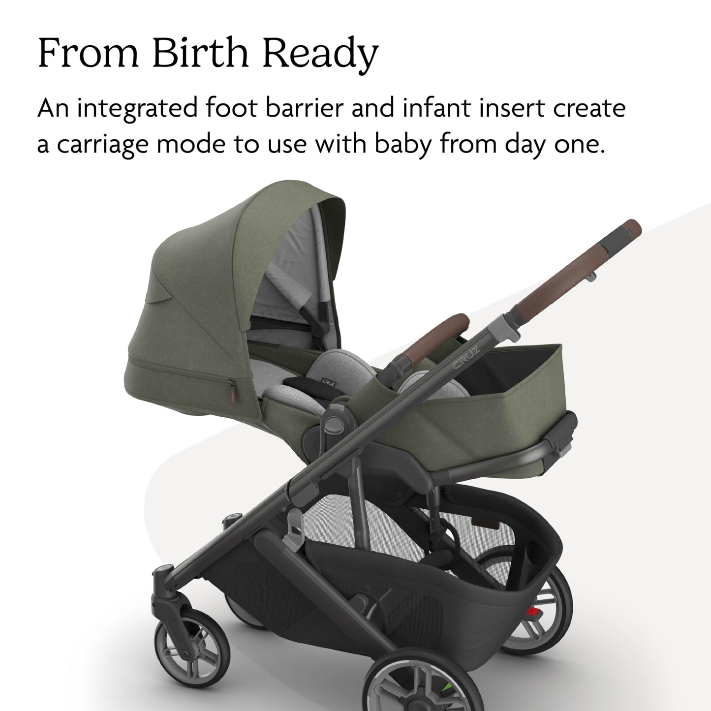UPPAbaby Cruz V3 stroller in Greyson with full-size reversible seat, infant insert, car seat compatible, and bug and rain shields.