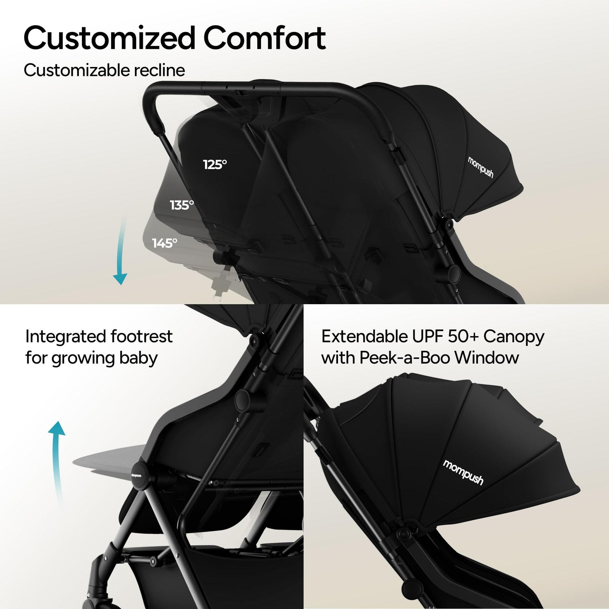 Mompush Lithe double stroller for newborn and toddler, lightweight, easy fold, spacious seats with recline, UPF50+ canopy.