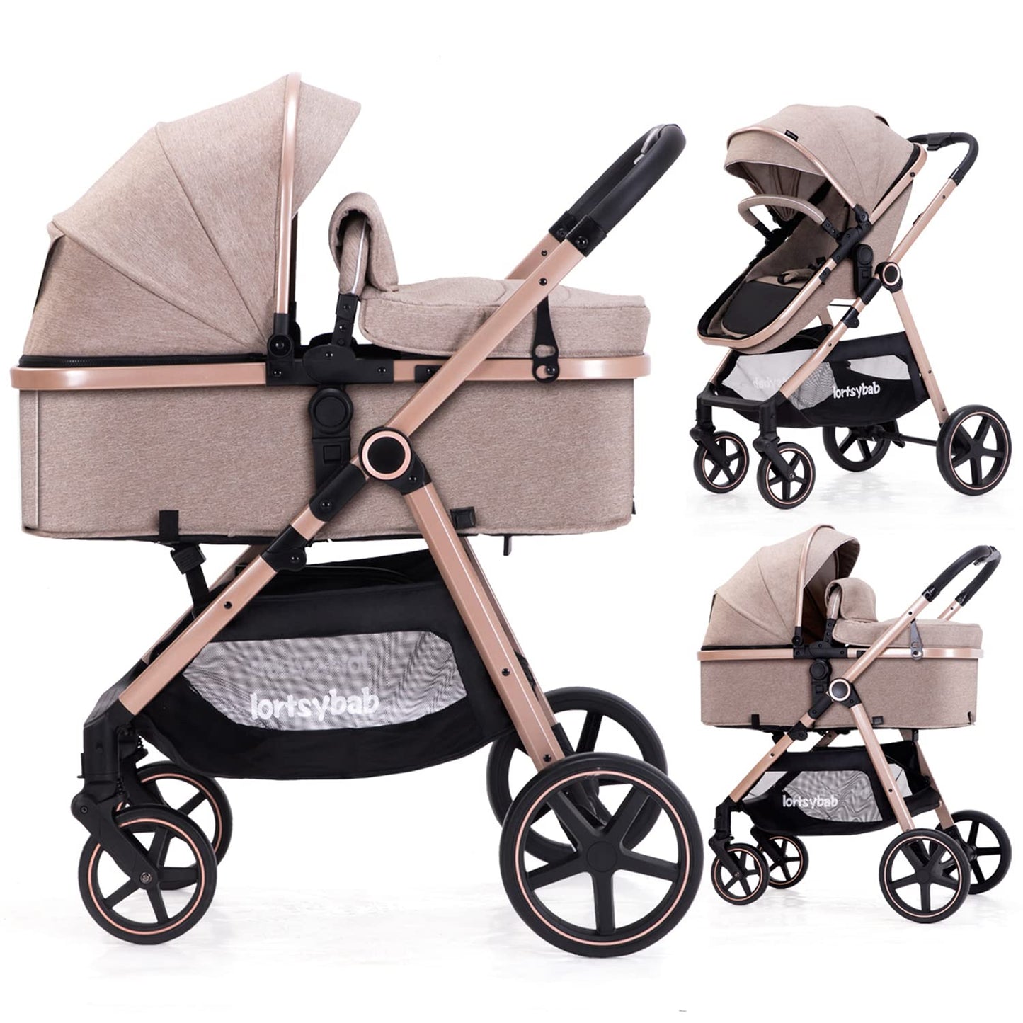 Lortsybab 2-in-1 baby stroller in beige with reversible seat, foldable design, suitable for infants and toddlers 0-36 months.