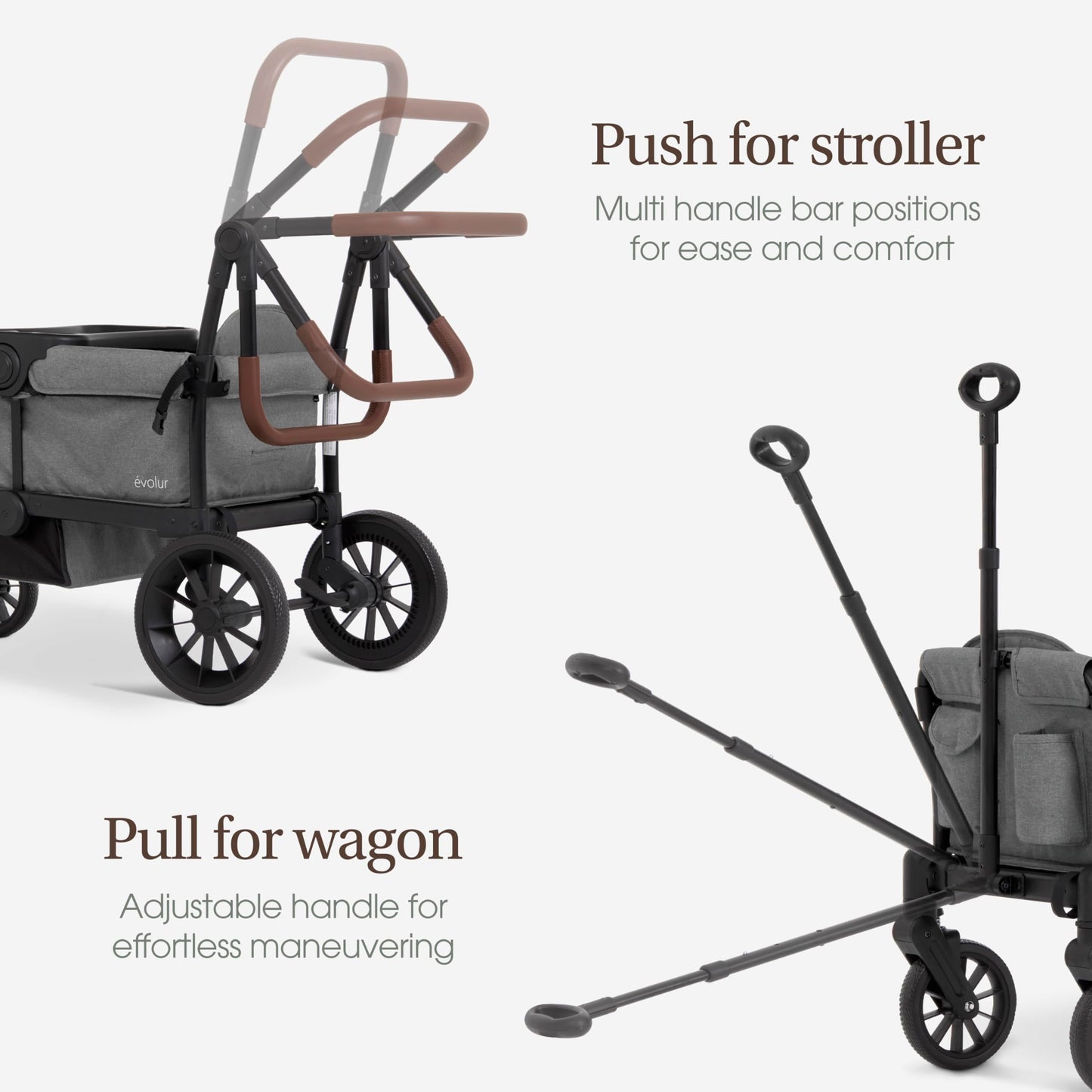 Evolur Trailblazer double stroller wagon in black with canopy, all-terrain wheels, 5-point harness, and spacious storage for two kids