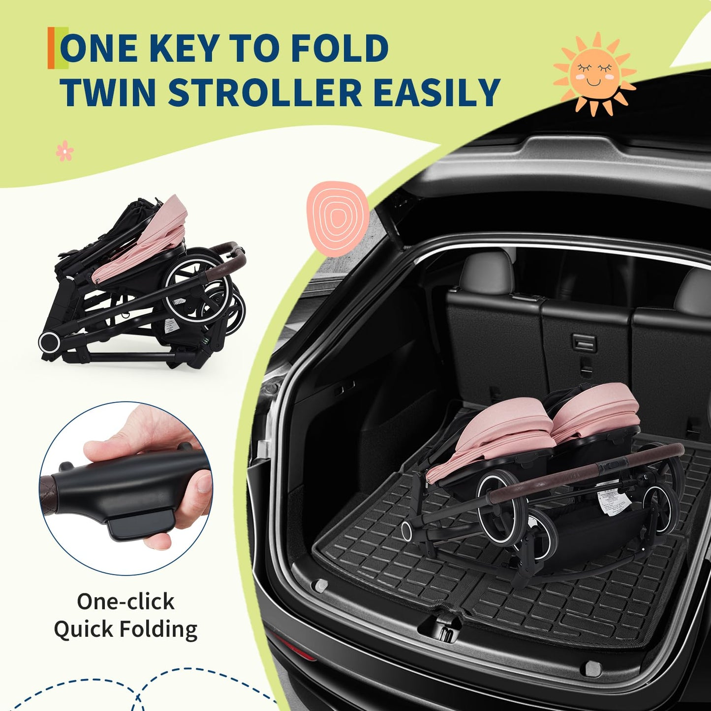 Lightweight double stroller for twins with adjustable canopy, reclining seats, 5-point harness, side-by-side design, by My Store.