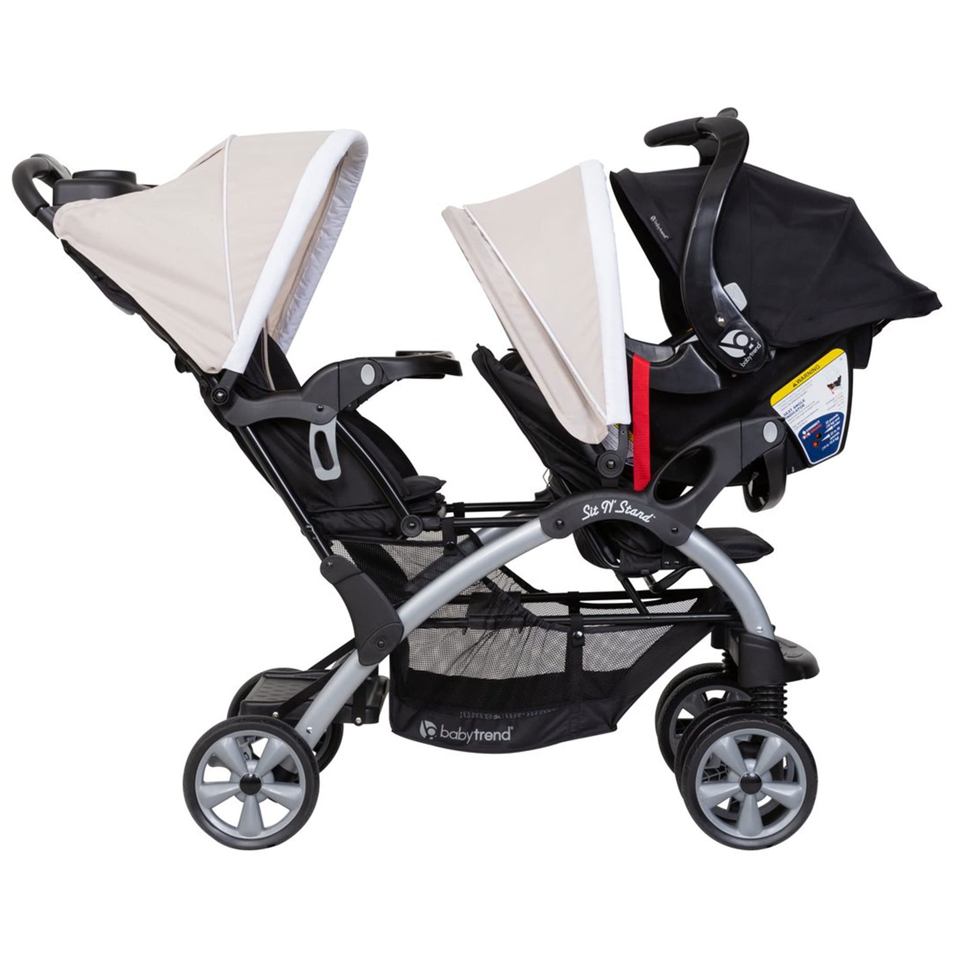 Baby Trend Stormy infant and toddler double stroller with car seat, lightweight travel system, tandem design, portable and easy to maneuver.