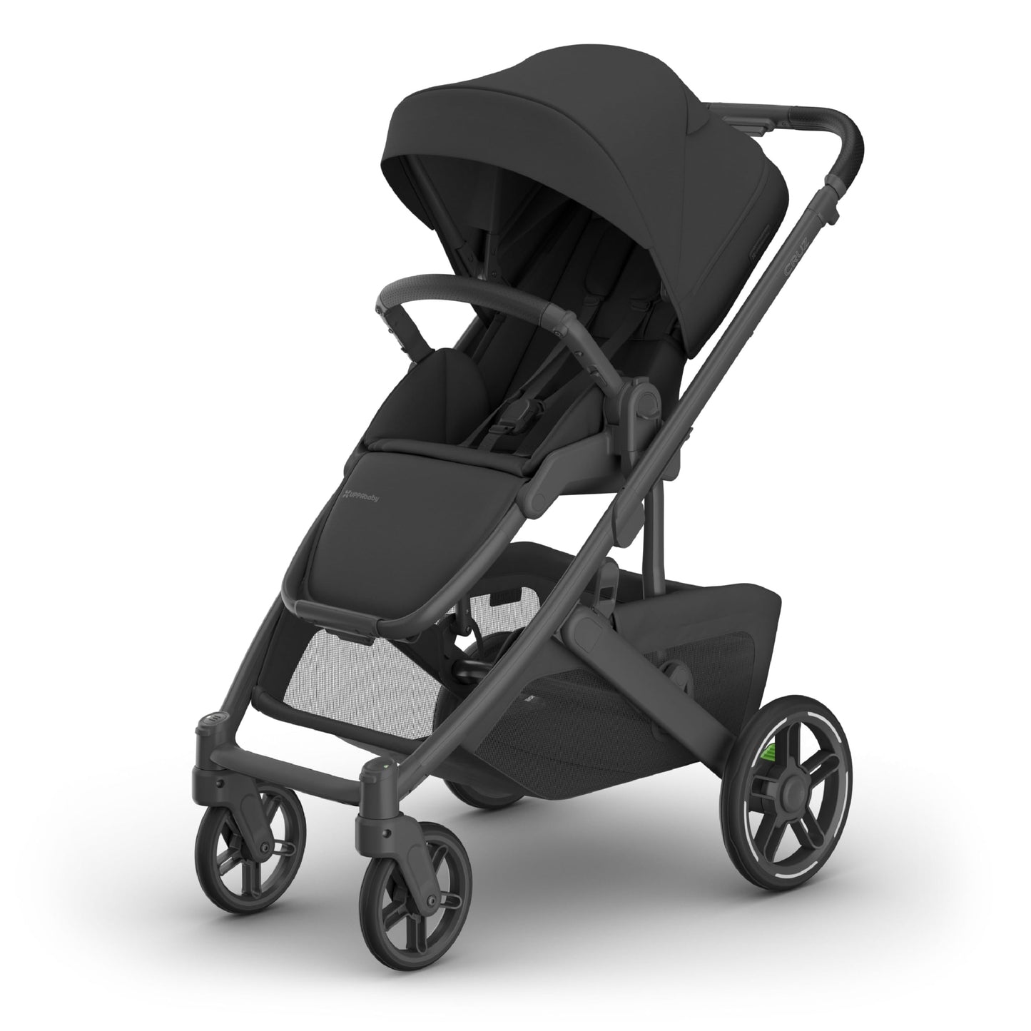 UPPAbaby Cruz V3 stroller in Greyson with charcoal Mélange fabric, reversible seat, infant insert, and included bug and rain shields.