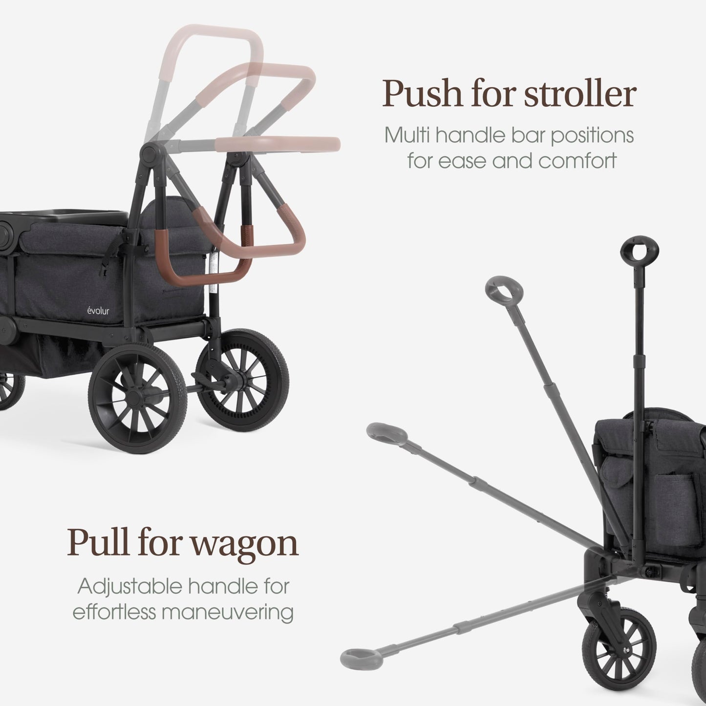 Evolur Trailblazer double wagon stroller in black with all-terrain wheels, foldable canopy, 5-point harness, and spacious storage for two kids.