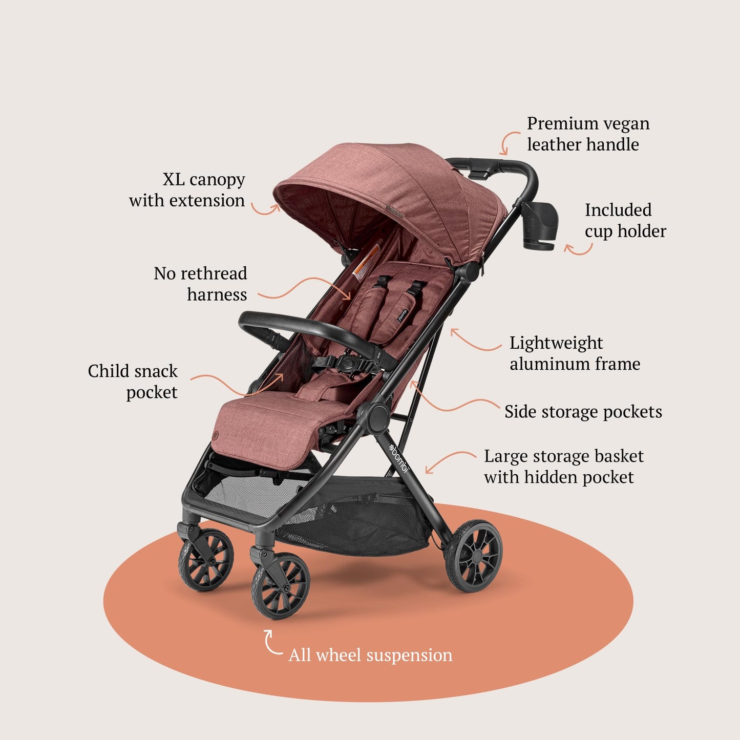 Lightweight Baby Stroller by Bombi Bēbee V2 with vegan leather, one-hand fold, infinite recline, aluminum frame, XXL canopy, and storage