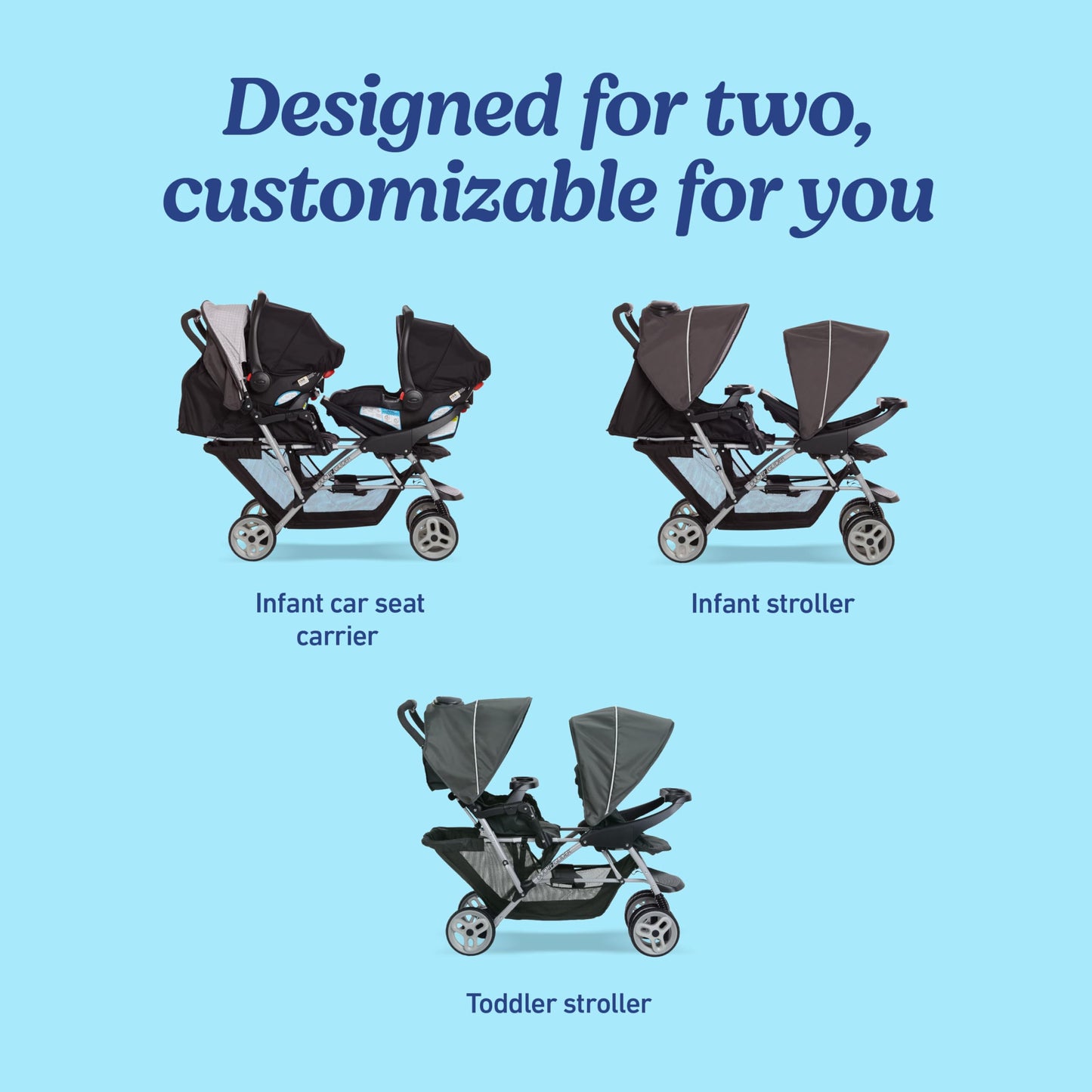 Graco DuoGlider lightweight double stroller with tandem seating in Glacier, suitable for two children, front and rear seats visible