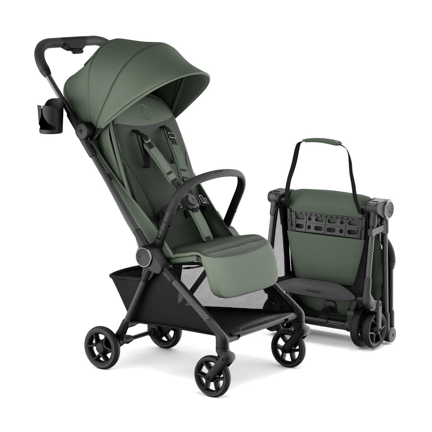 Mompush Nexis Carbon travel stroller by My Store, lightweight 11.5 lbs, compact, auto-fold, full recline, suitable from birth to 50 lbs.